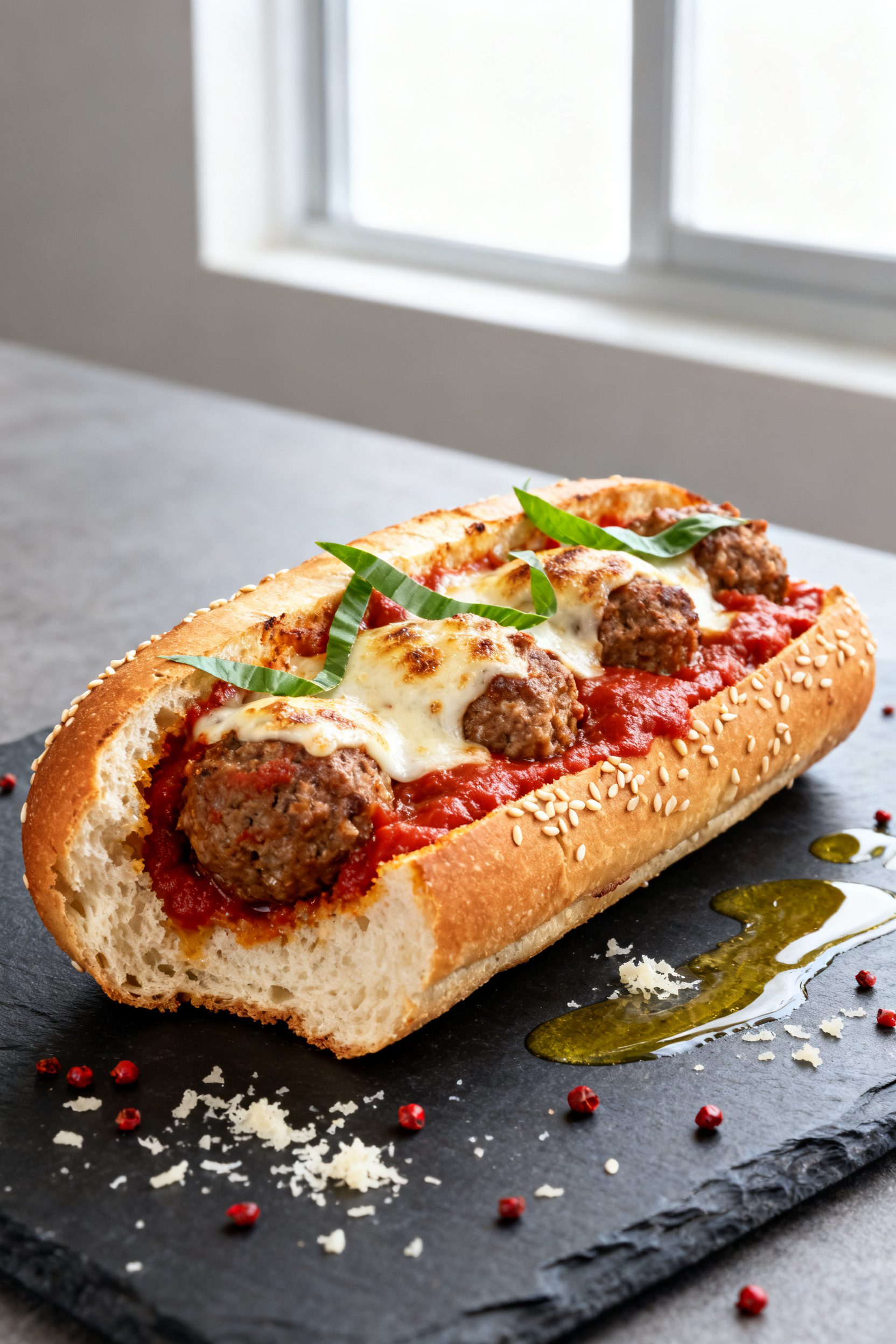 Final dish presentation: Italian sausage meatball sub on a toasted hoagie roll, meatballs nestled in