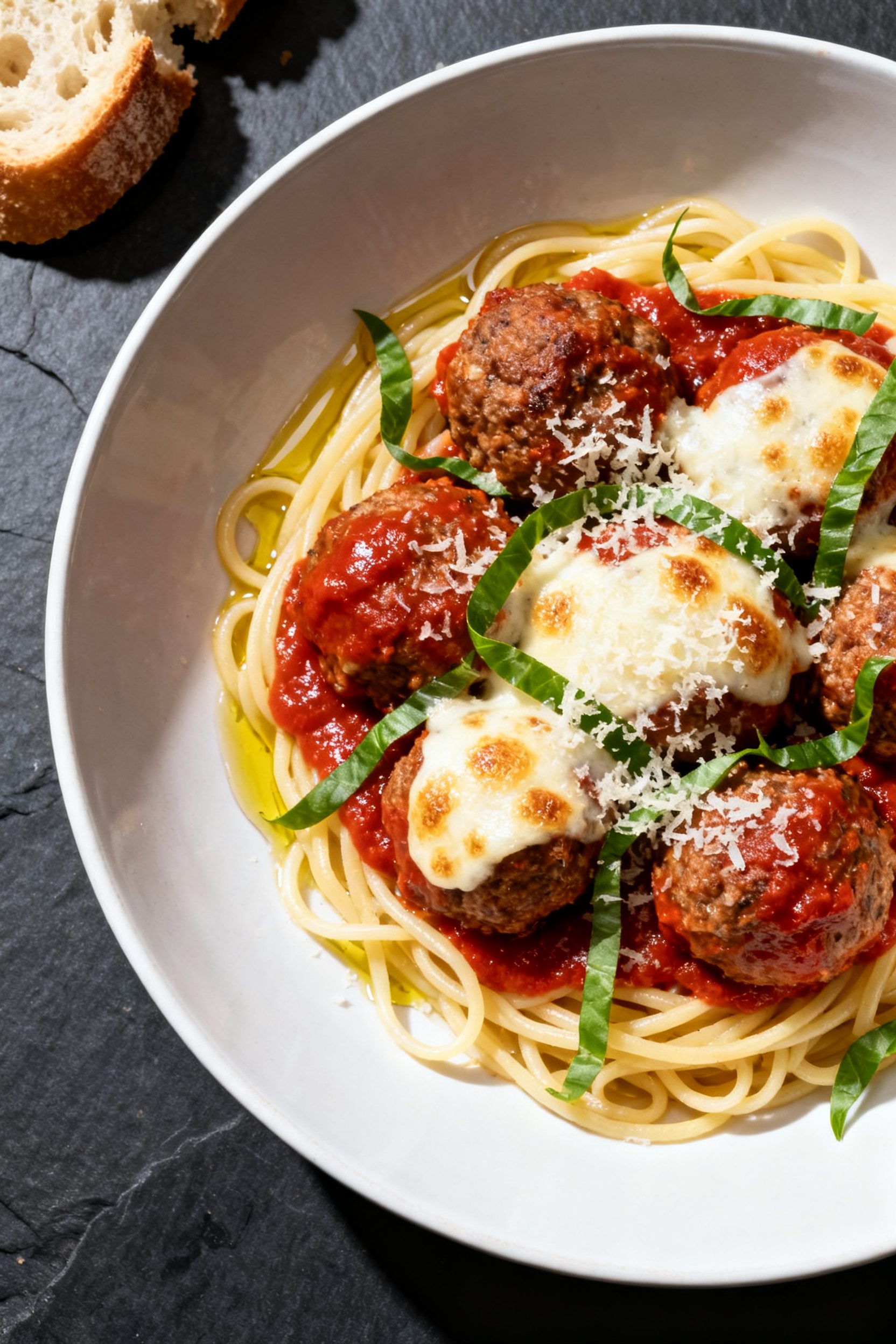 Final dish presentation: Italian-style meatballs tossed in warm marinara, nestled over buttered nood