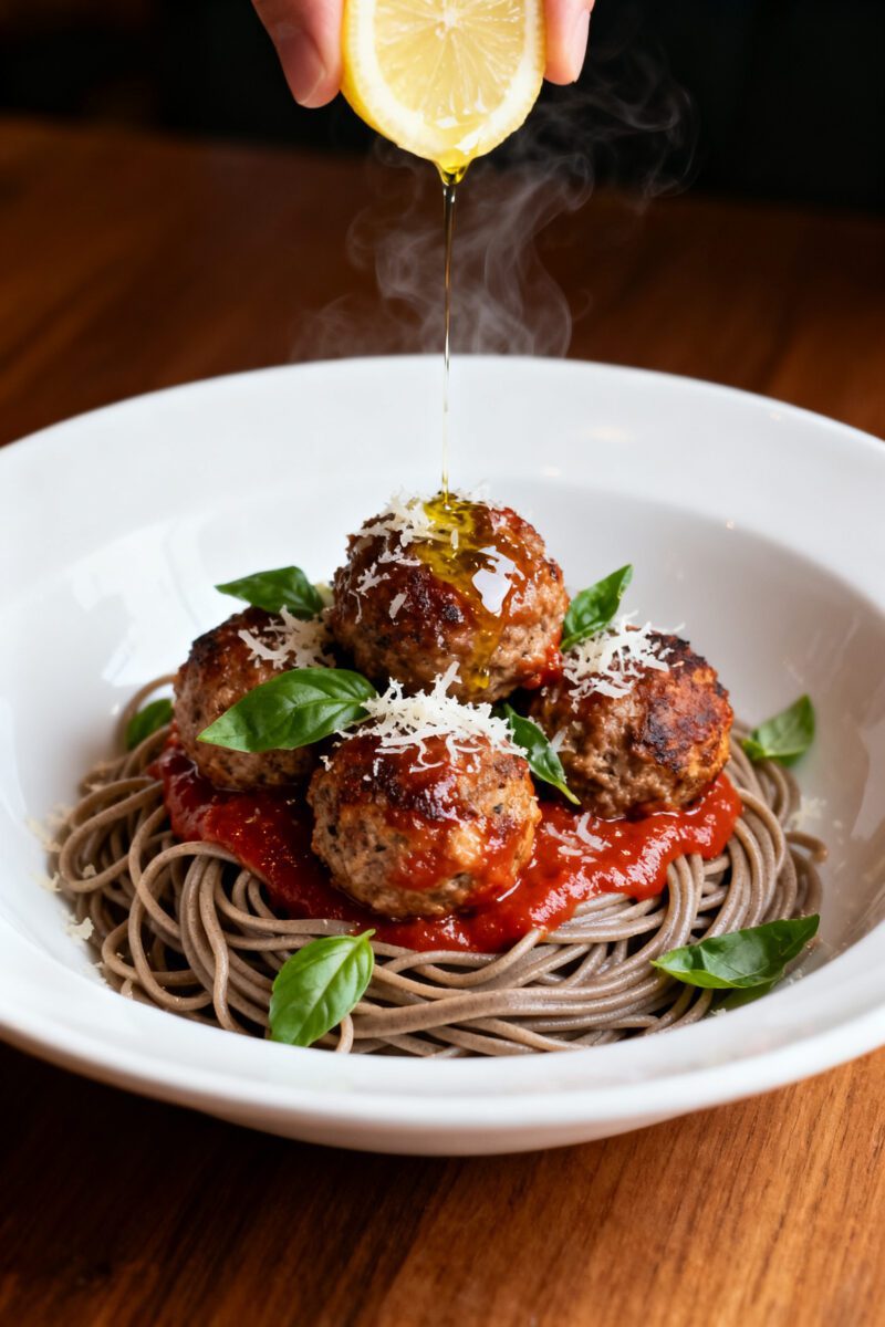 Final dish presentation: Italian-style plated healthy meatballs over whole-grain spaghetti twirled i