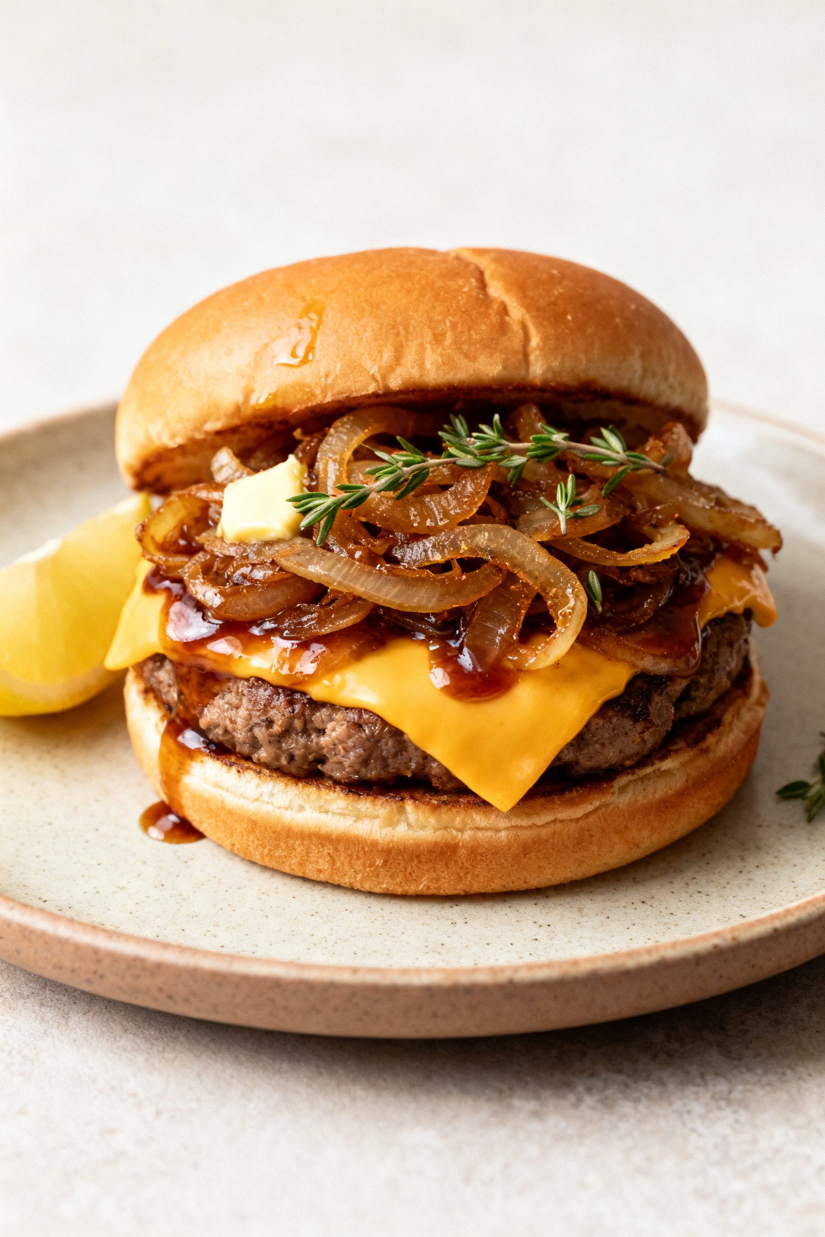 Final dish presentation: Pile of golden, caramelized air fryer onions heaped onto a toasted brioche