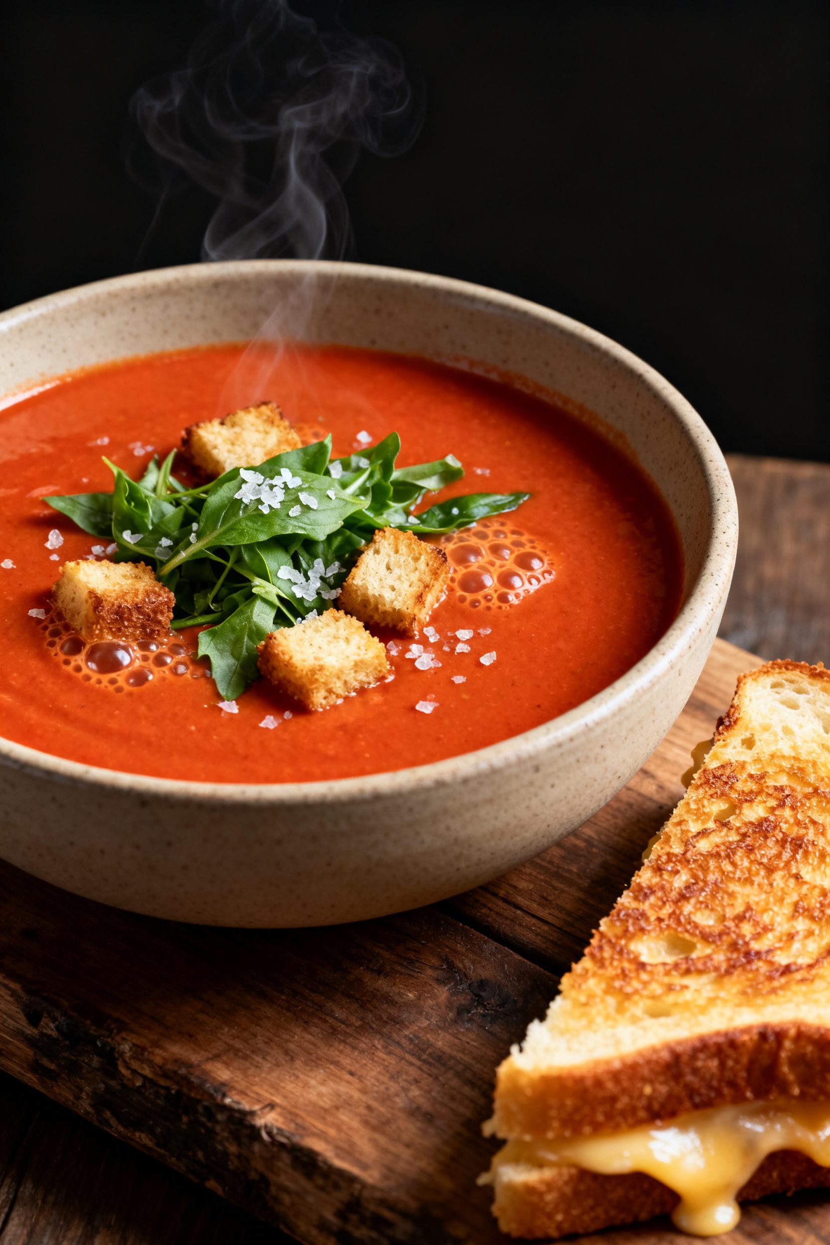 Final dish presentation: Restaurant-quality bowl of creamy basil tomato soup plated in a shallow sto