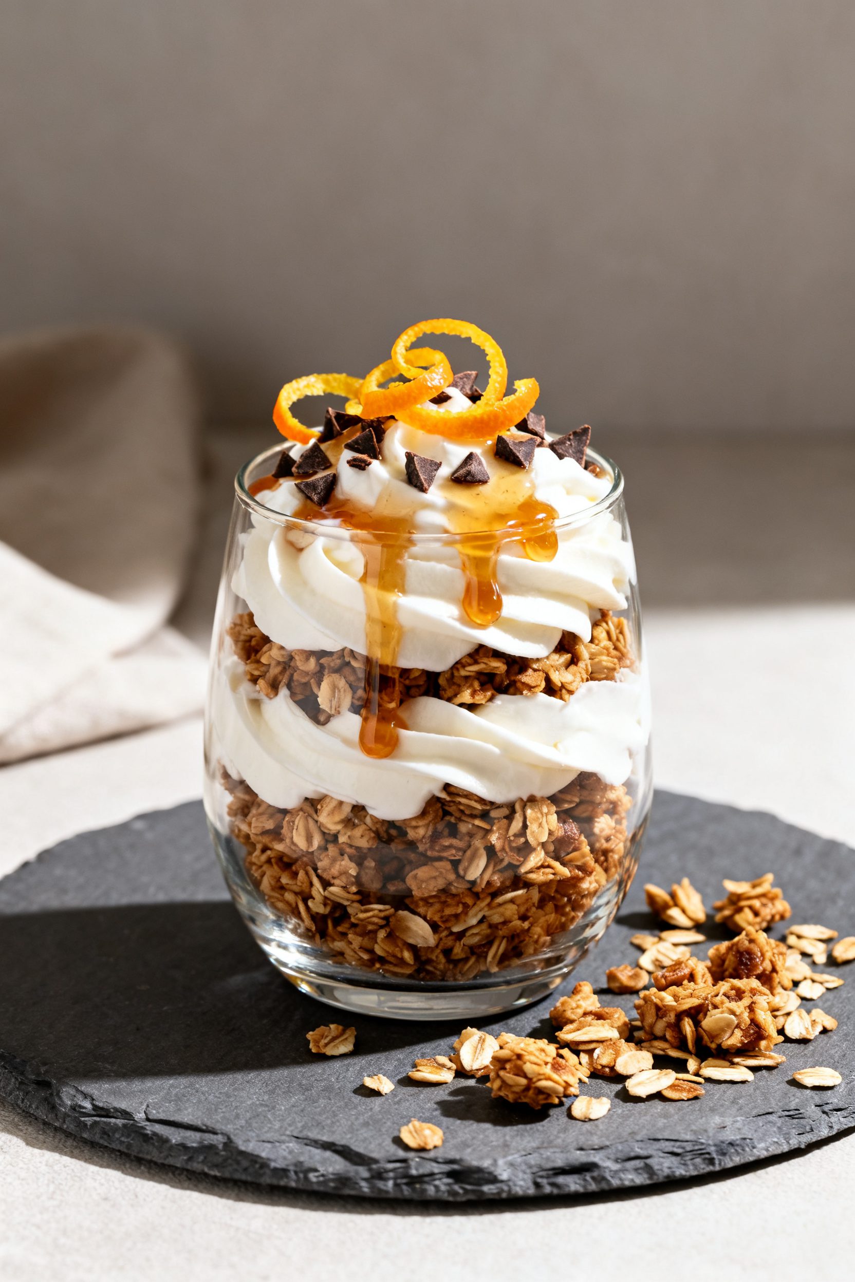 Final dish presentation: Restaurant-quality parfait of air fryer granola layered over thick Greek yo