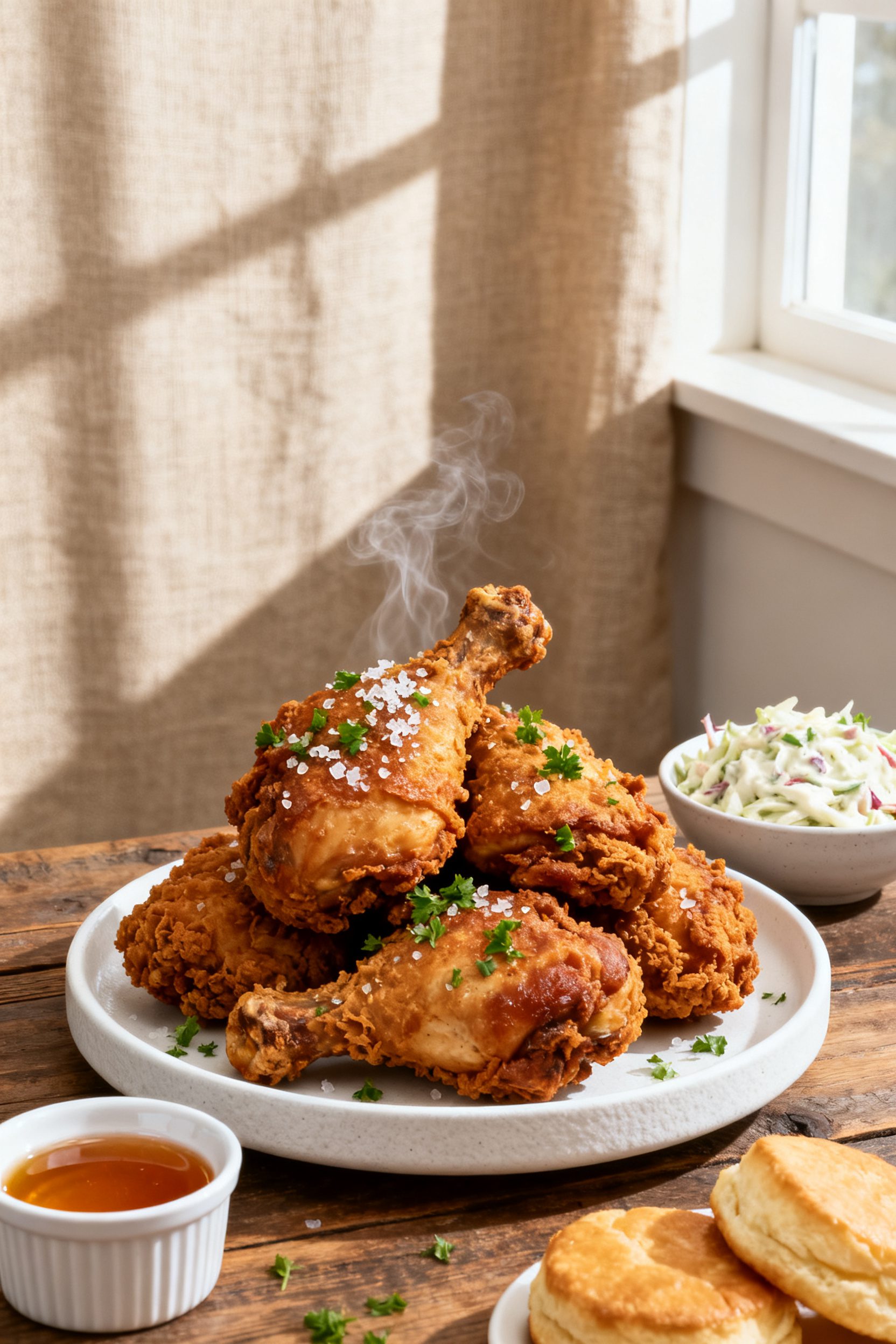 Final dish presentation: Restaurant-quality plate of Air Fryer KFC-Style Fried Chicken (mix of drums