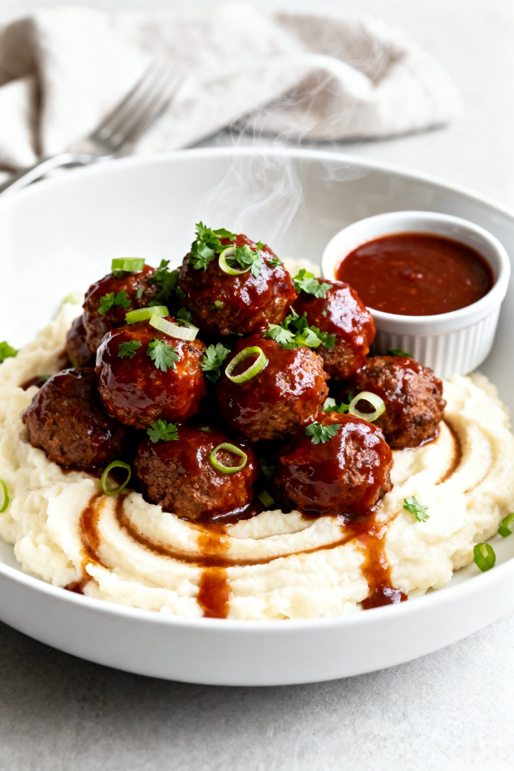 Final dish presentation: Restaurant-quality plate of Air Fryer BBQ Meatballs piled in a low, wide wh