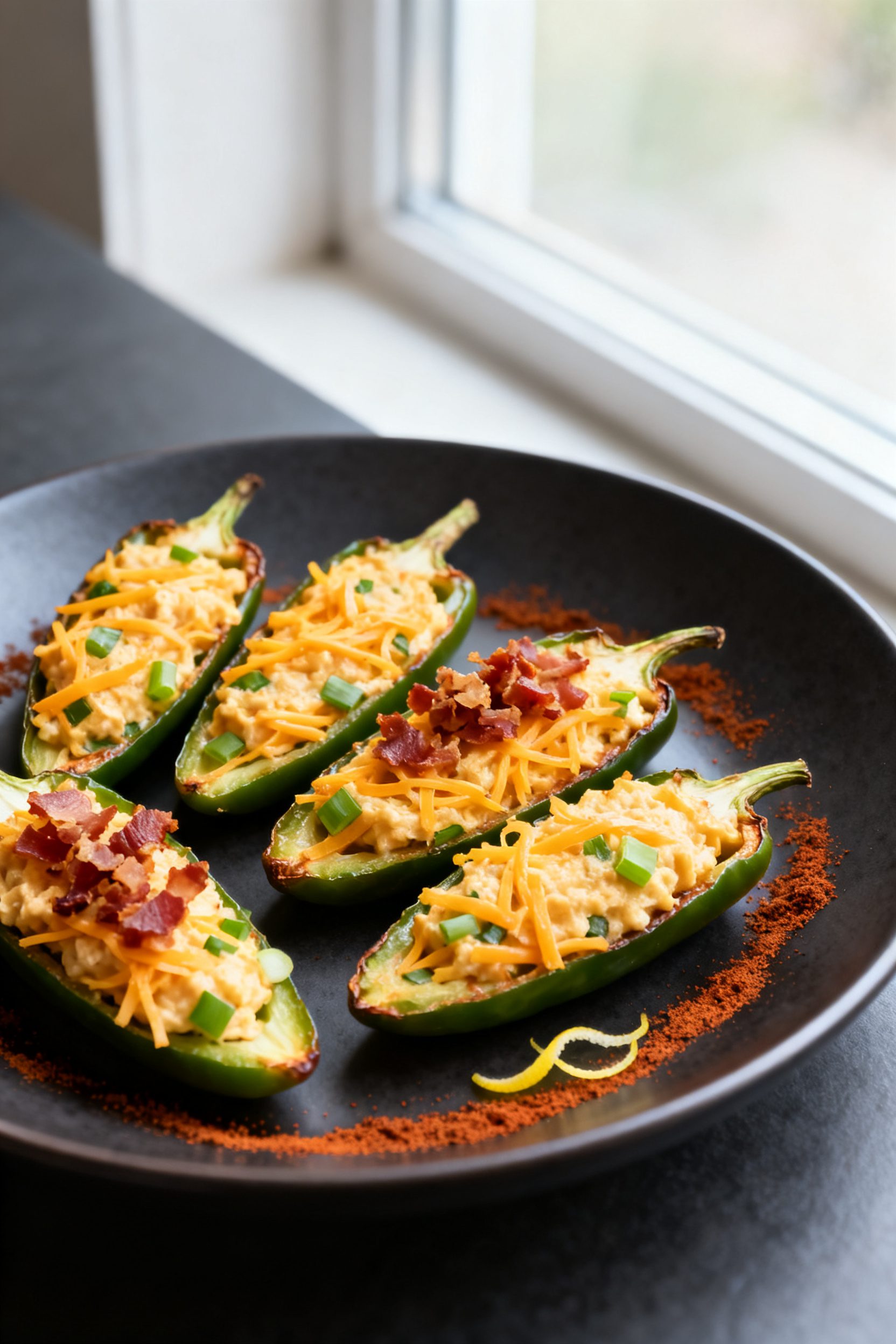 Final dish presentation: Restaurant-quality plate of 5 neatly filled jalapeno poppers, evenly mounde