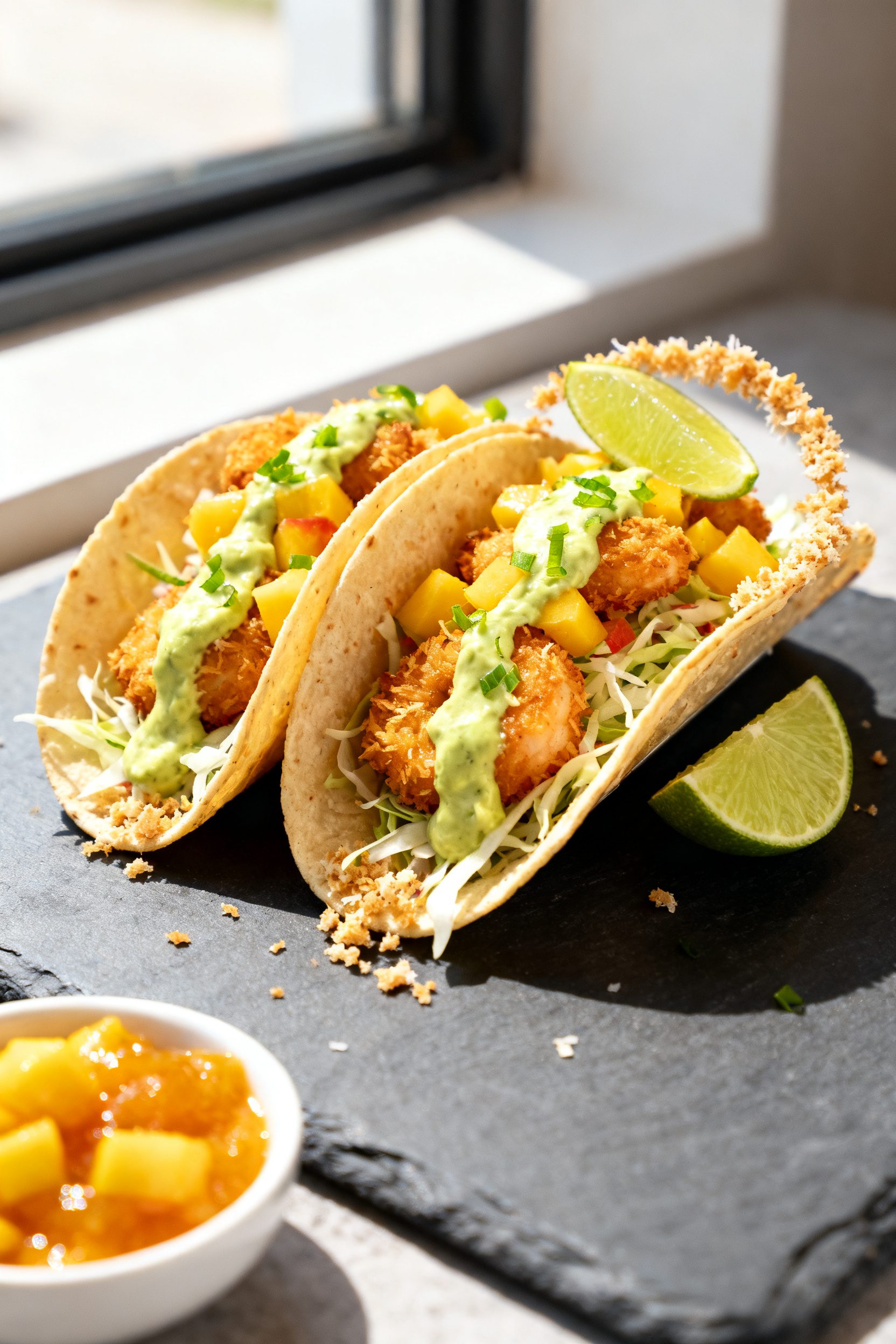 Final dish presentation: Restaurant-quality plate of coconut shrimp tacos—three warm tortillas fil