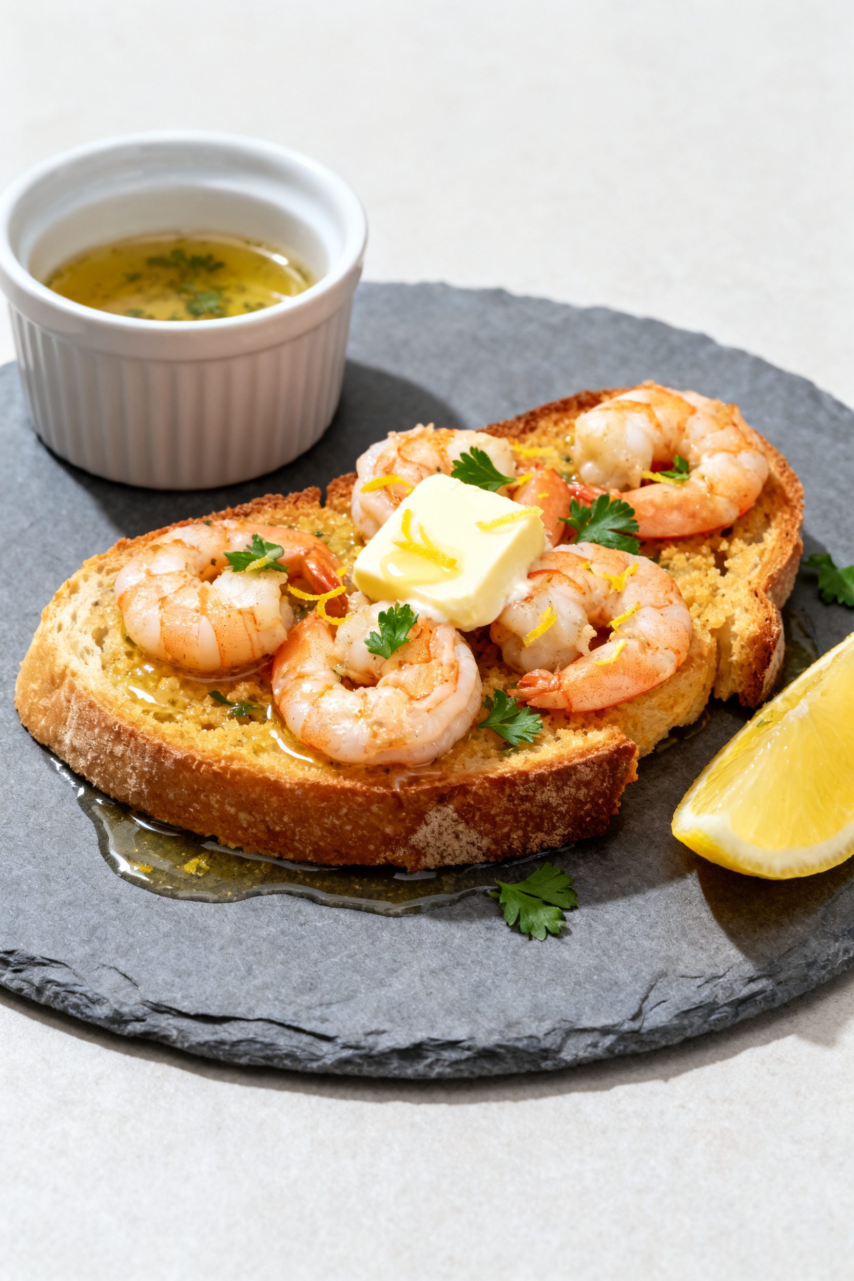 Final dish presentation: Restaurant-quality plate of shrimp scampi on toasted crusty bread (scampi t