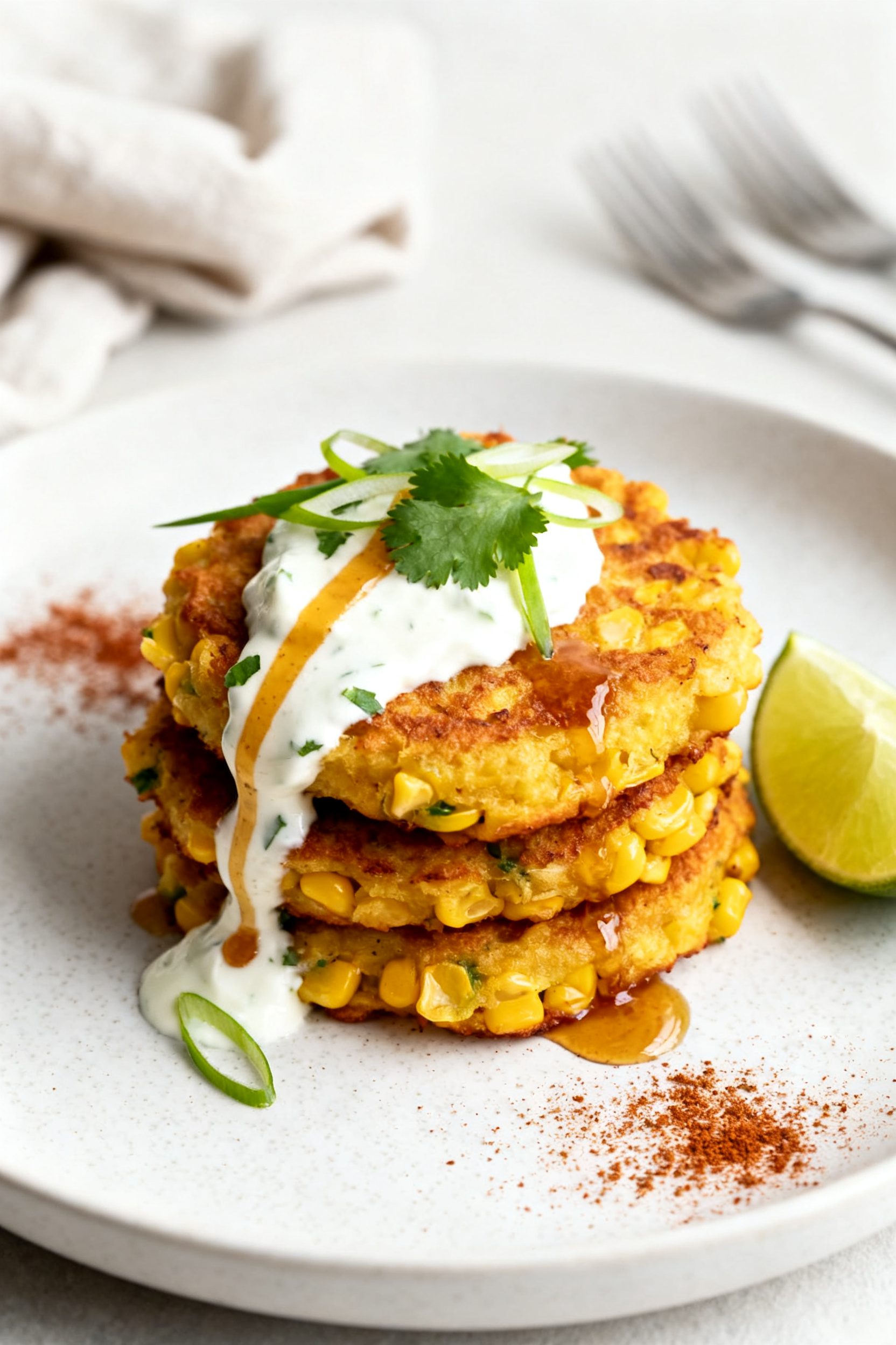 Final dish presentation: Restaurant-quality plate of stacked air fryer corn fritters on a matte whit