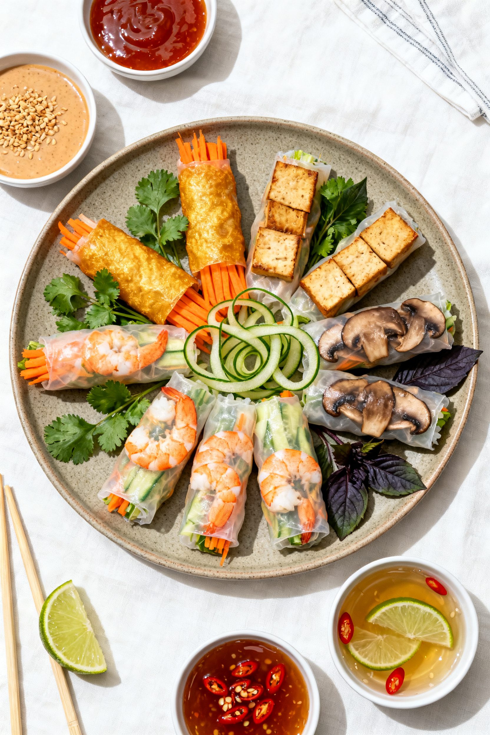 Final dish presentation: Restaurant-quality plate of mixed-variation air fryer rice paper rolls—Sp