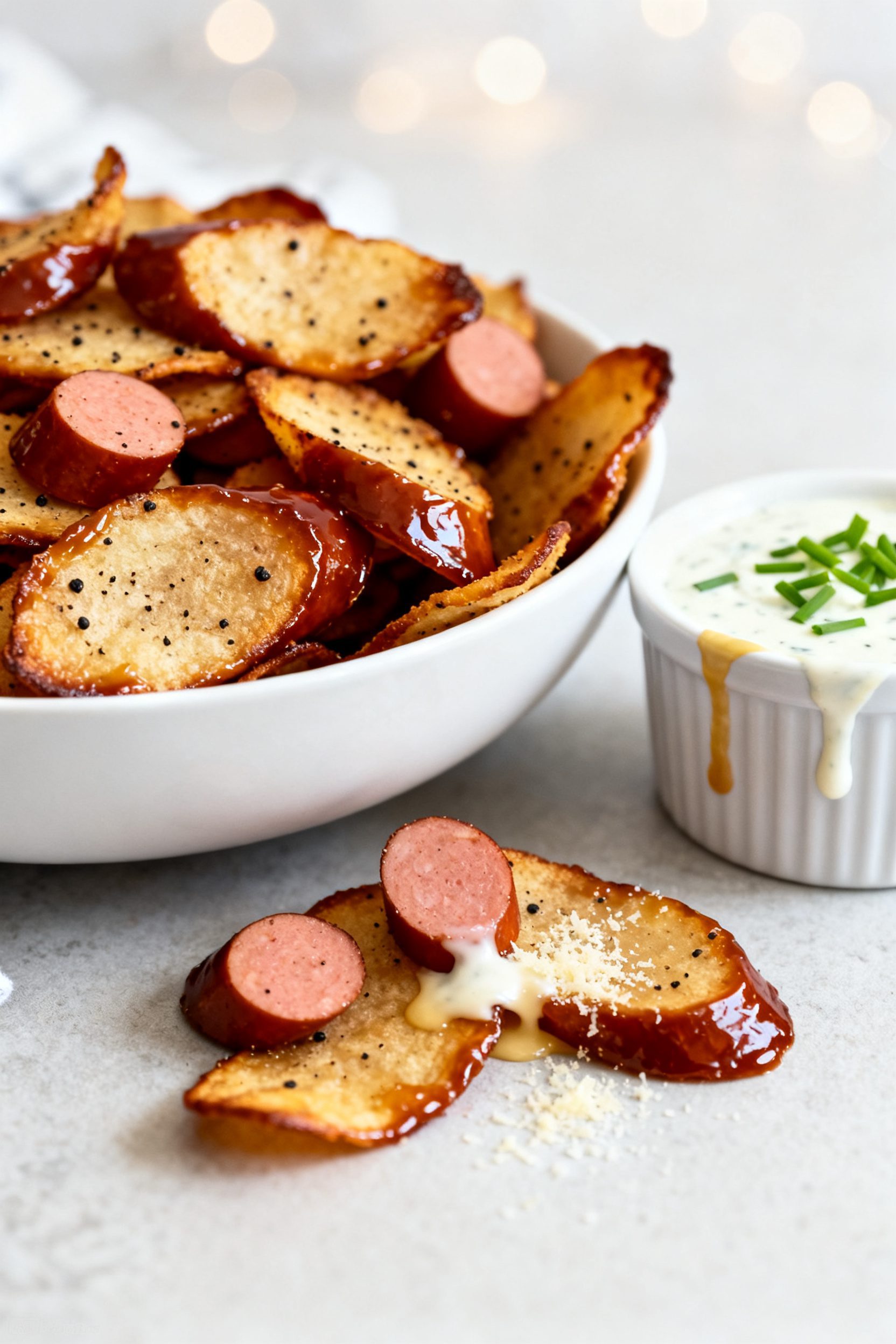 Final dish presentation: Restaurant-quality plate of hot dog chips seasoned BBQ Ranch style—glossy