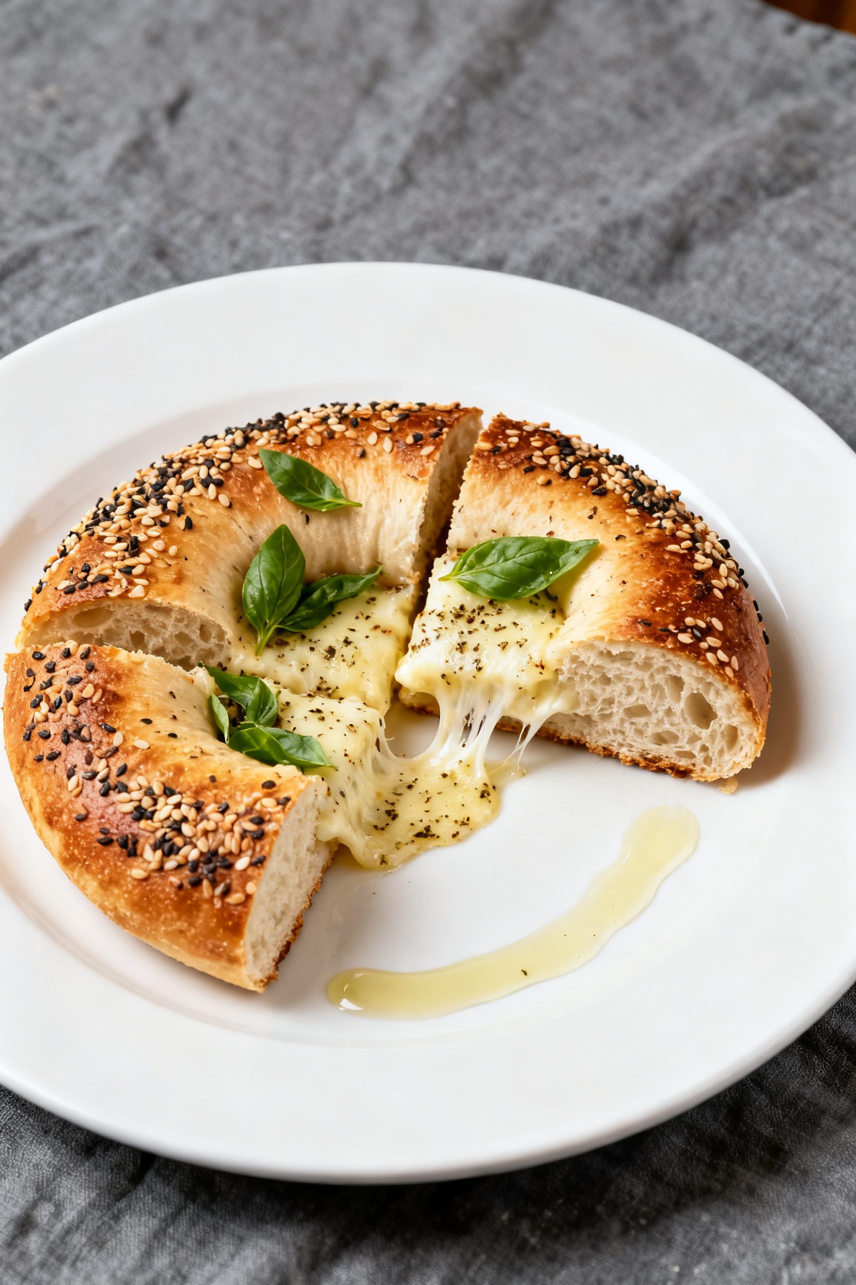 Final dish presentation: Restaurant-quality plate-up of a single everything-bagel pizza, sliced into