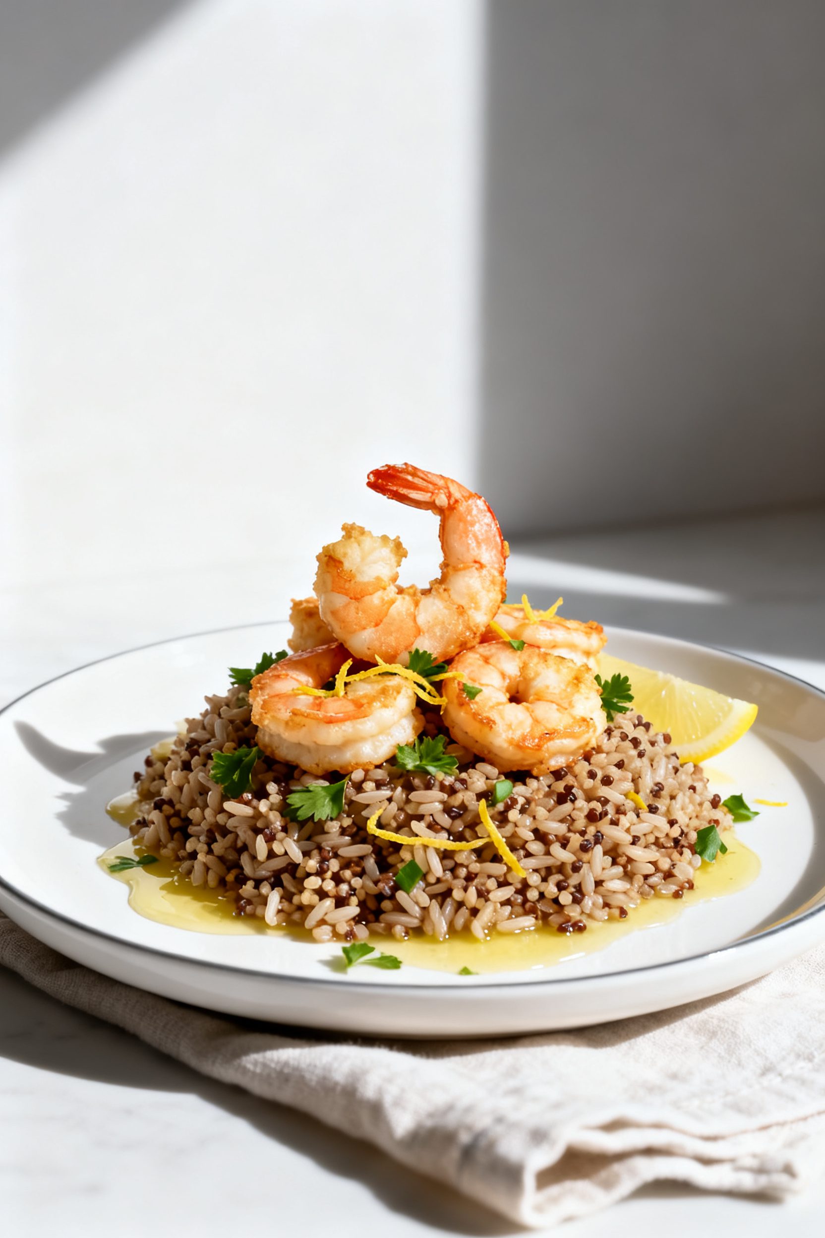 Final dish presentation: Restaurant-quality plate of air fryer shrimp over fluffy brown rice and qui