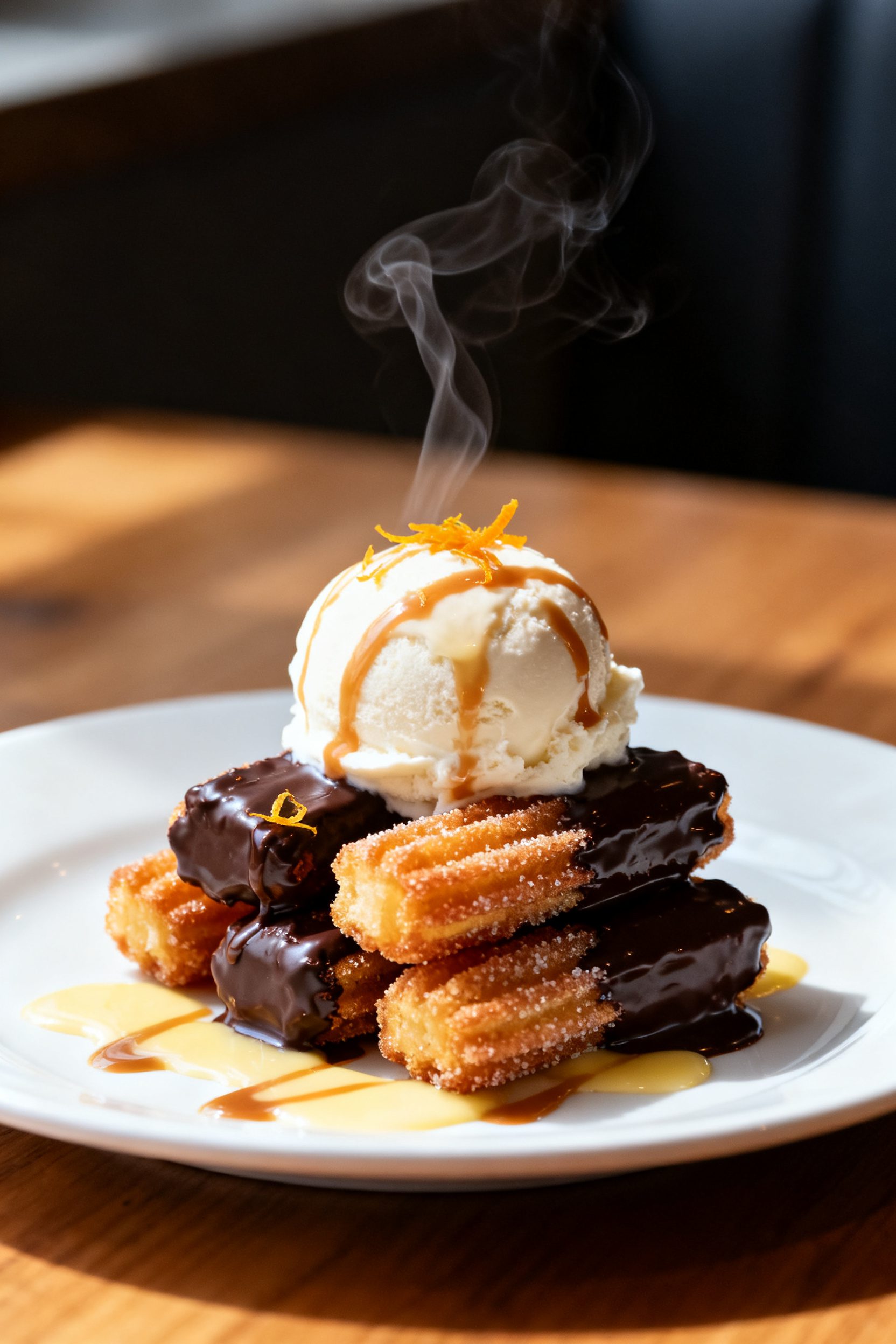 Final dish presentation: Restaurant-quality plate of churro bites brushed with melted butter for a r