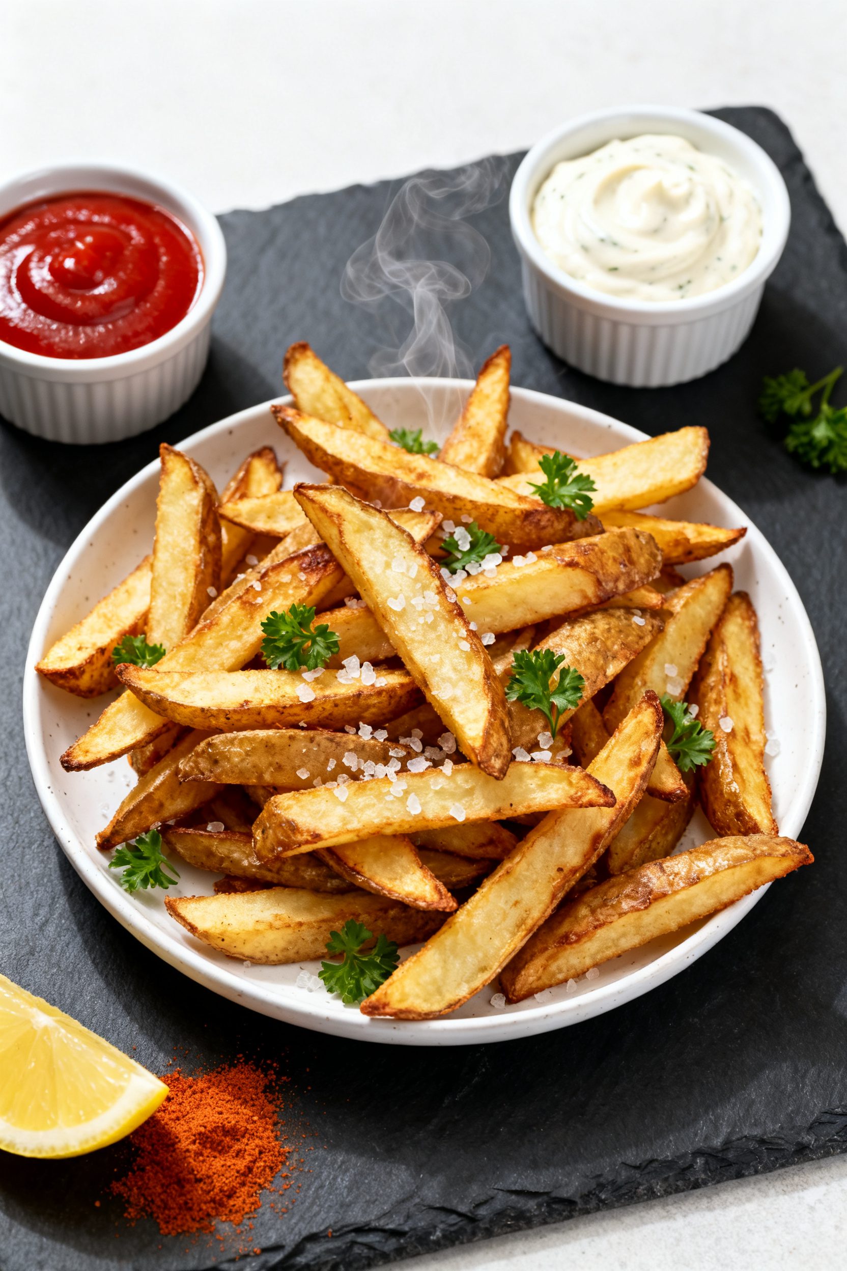 Final dish presentation: Restaurant-quality plate of air fryer keto fries piled high on a white cera