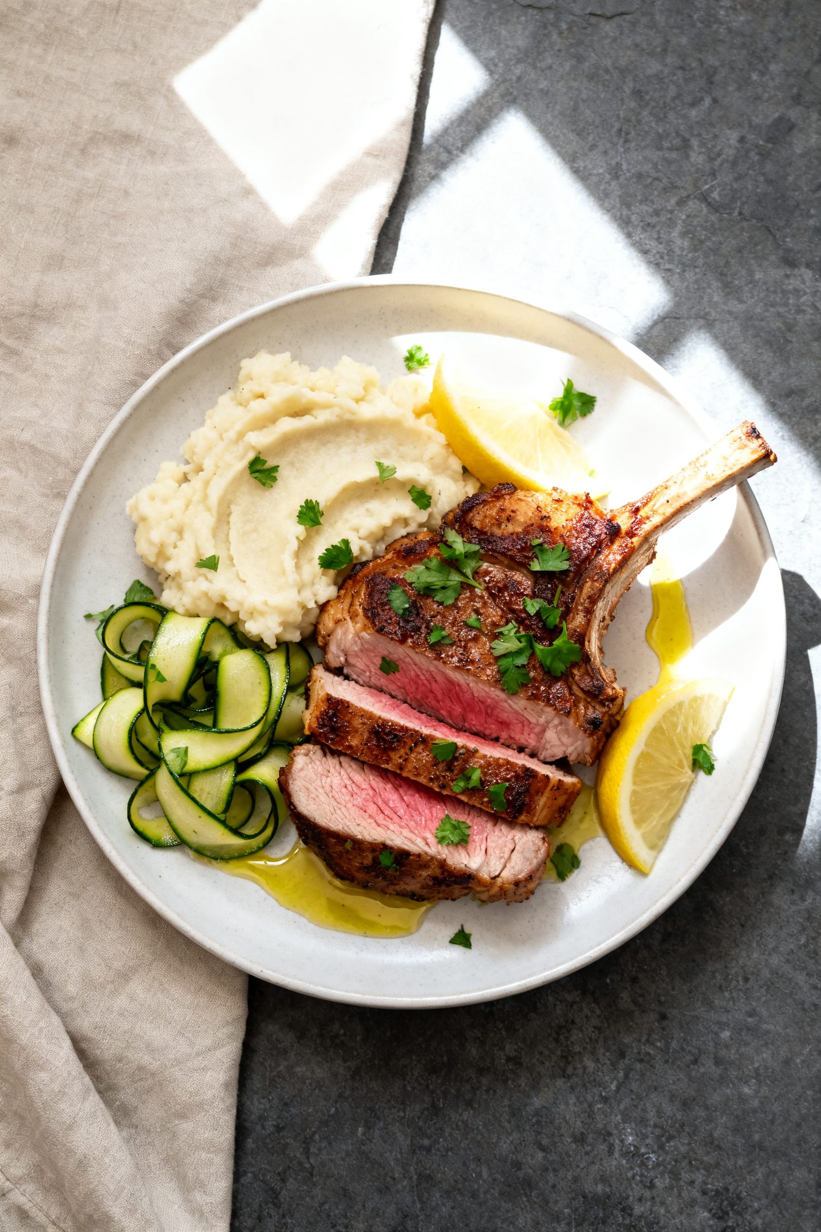 Final dish presentation: Restaurant-quality plated Air Fryer Keto Pork Chops on a matte white plate,