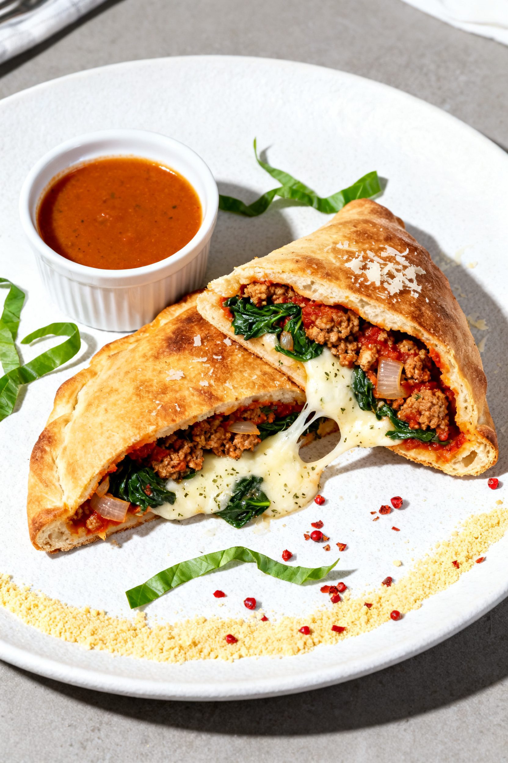 Final dish presentation: Restaurant-quality plated calzone sliced open to reveal the savory ground c