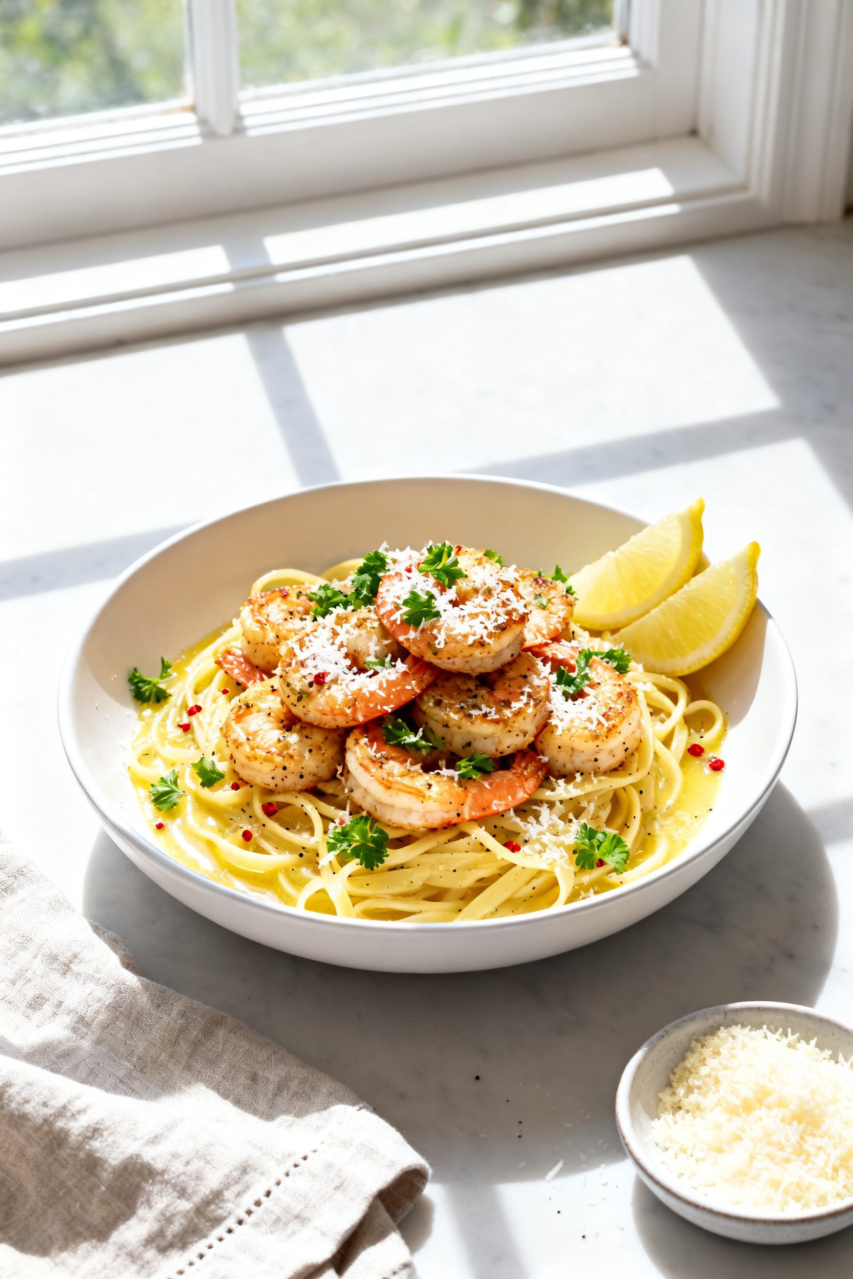 Final dish presentation: Restaurant-quality plated Air Fryer Garlic Parmesan Shrimp over lemony butt