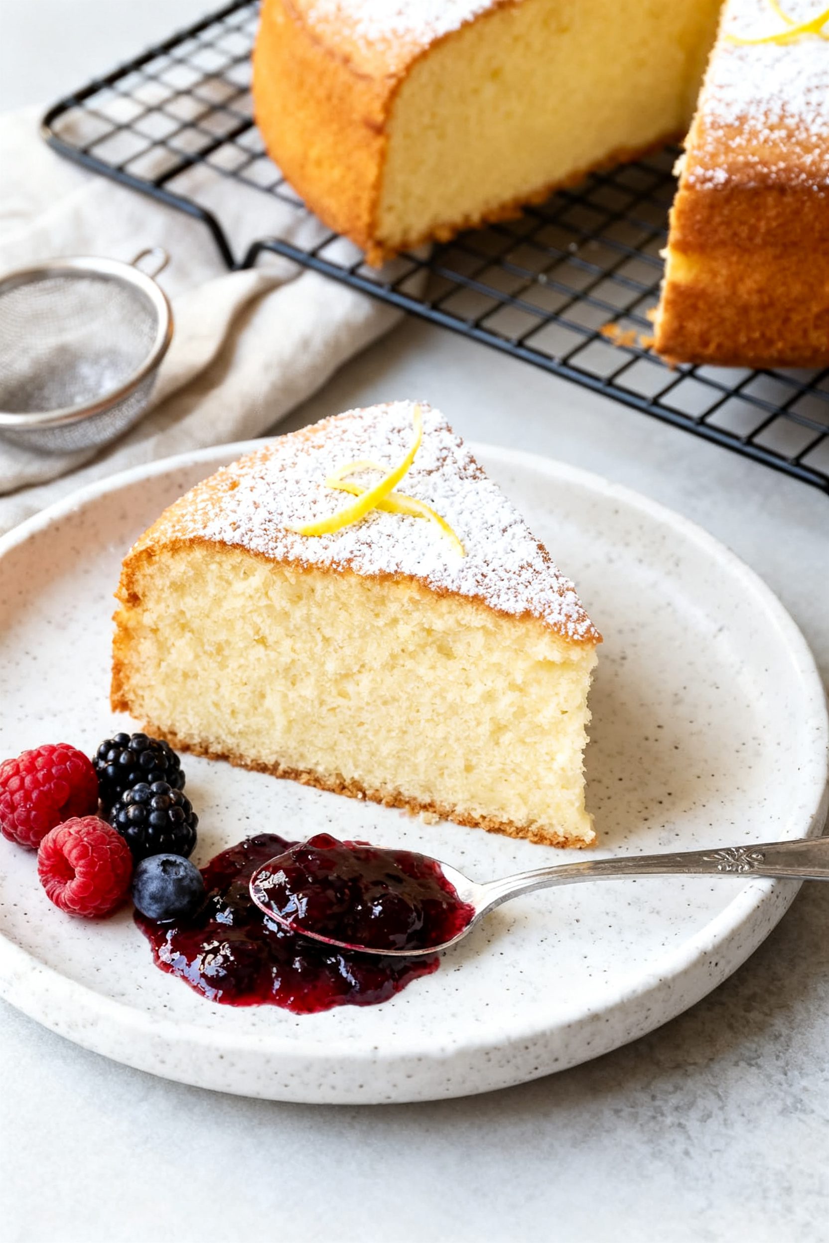 Final dish presentation: Restaurant-quality plated Air Fryer Yogurt Cake slice on a white stoneware 