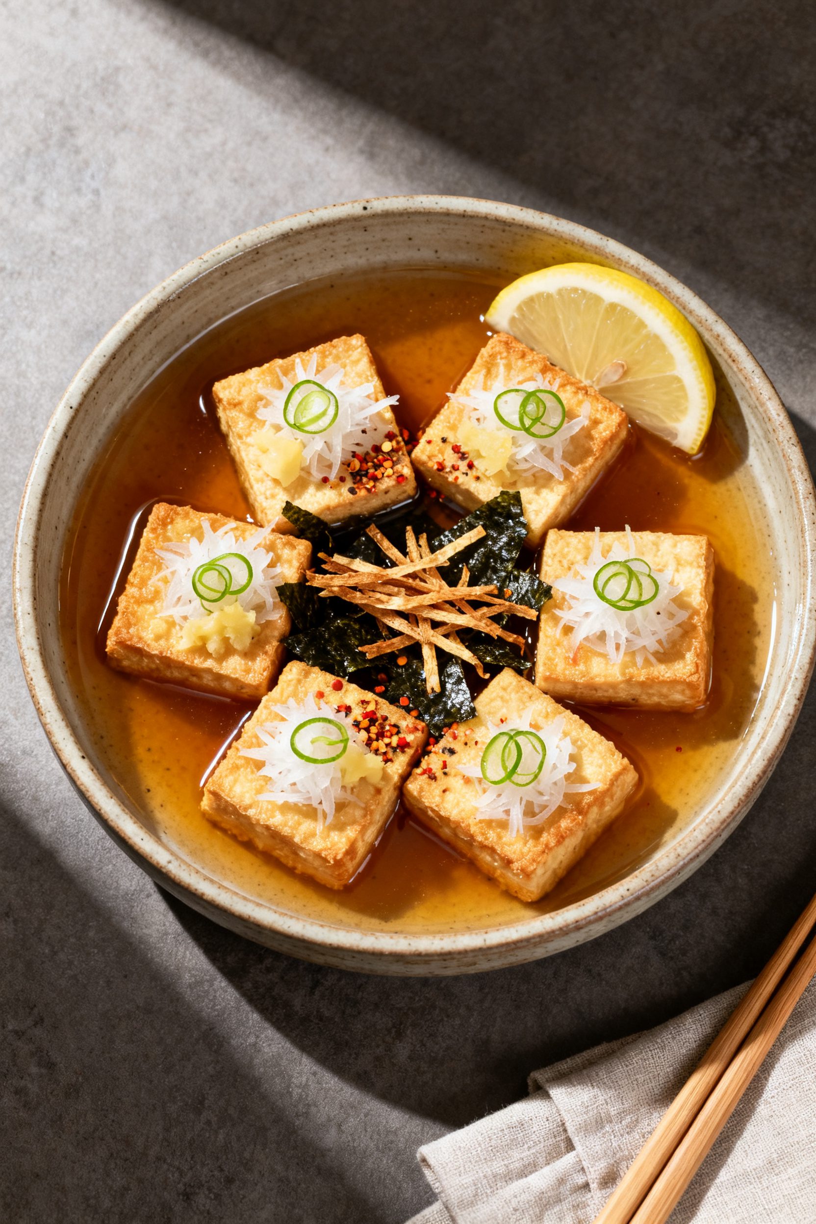 Final dish presentation: Restaurant-quality plated agedashi tofu in a shallow stoneware bowl with cl