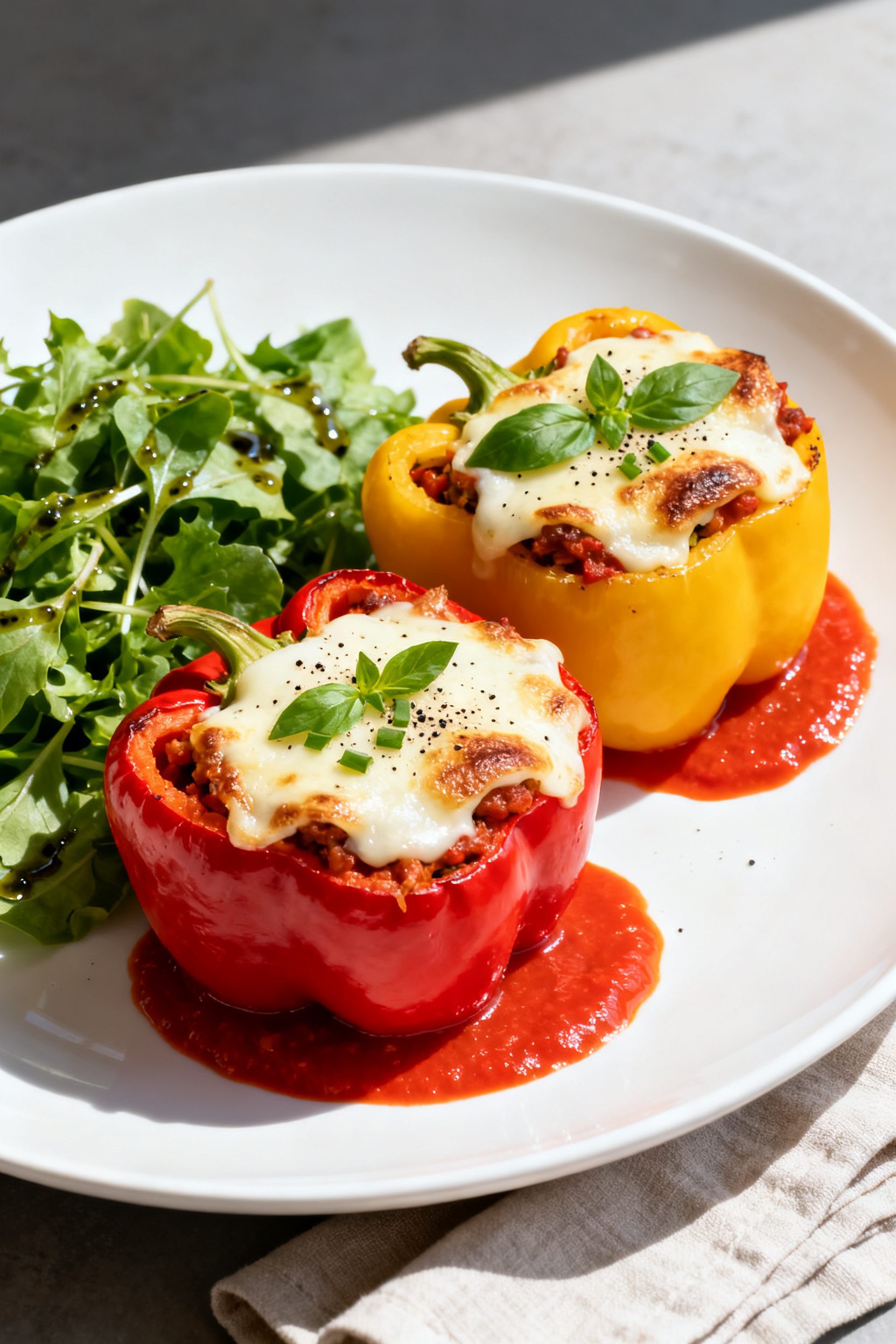 Final dish presentation: Restaurant-quality plated stuffed bell peppers (mixed red and yellow) on a 