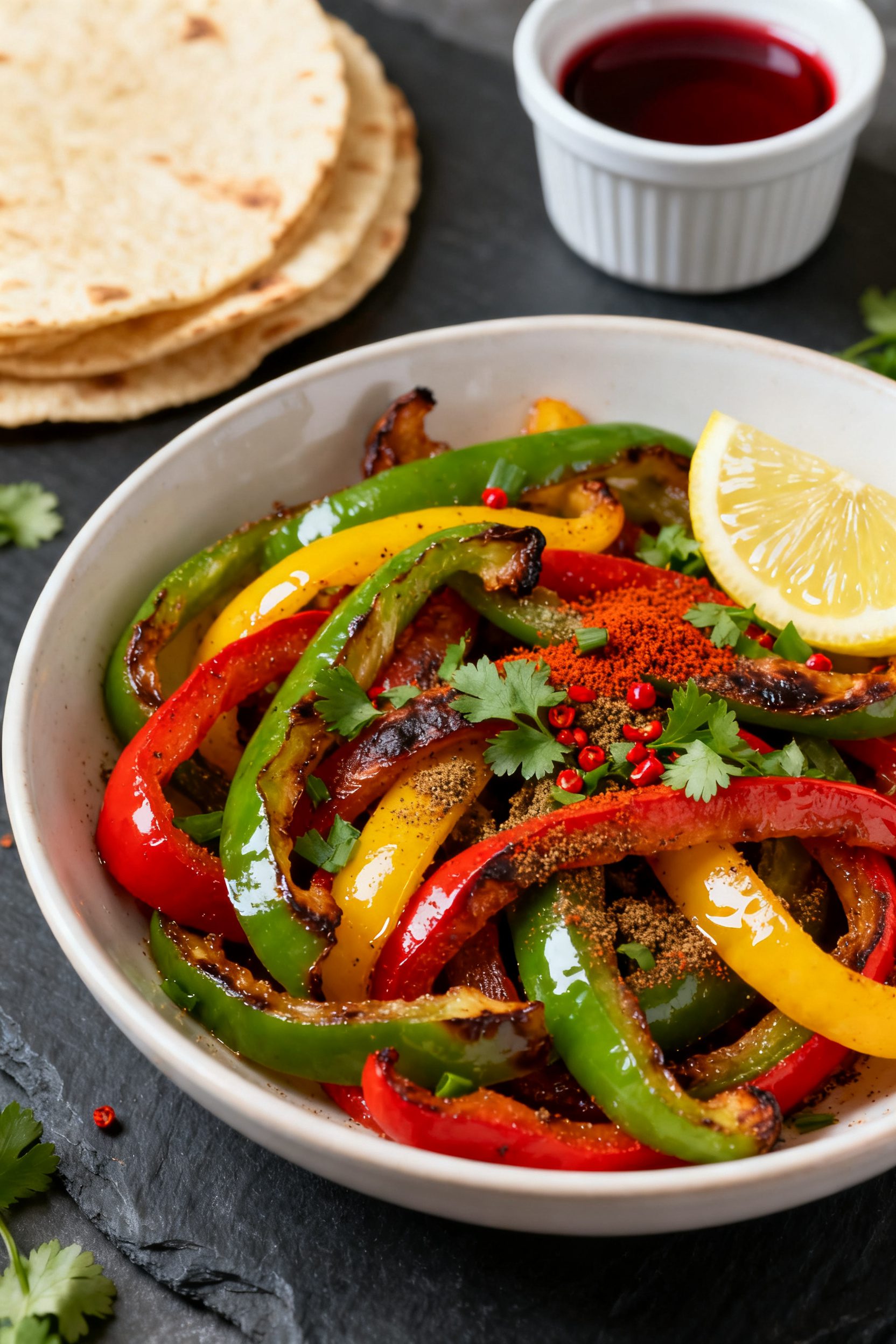Final dish presentation: Restaurant-quality plated bowl of smoky fajita-style peppers—green, red,