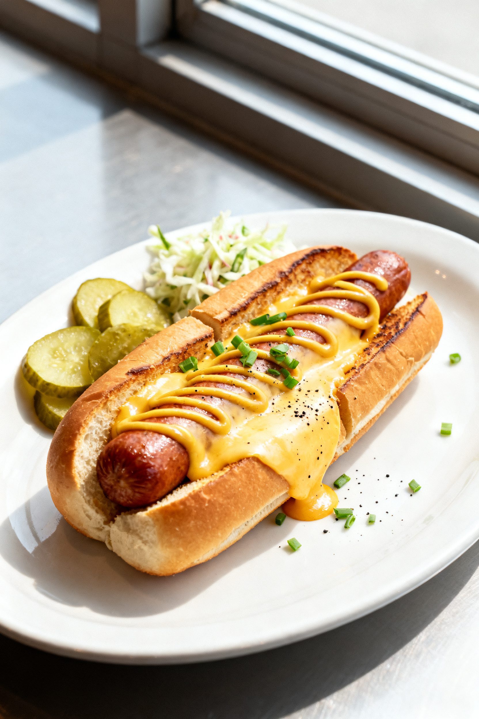 Final dish presentation: Restaurant-quality plated grilled cheese hot dog on a white oval plate—sp