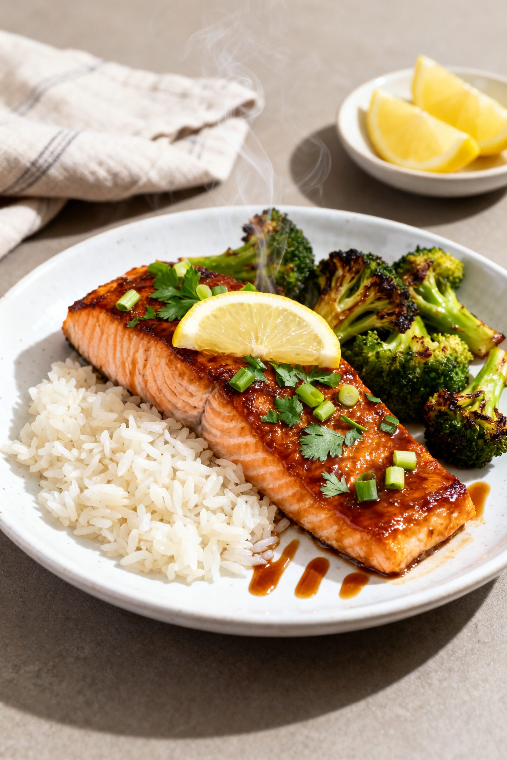 Final dish presentation: Restaurant-quality plated brown sugar soy-glazed salmon on a white ceramic 