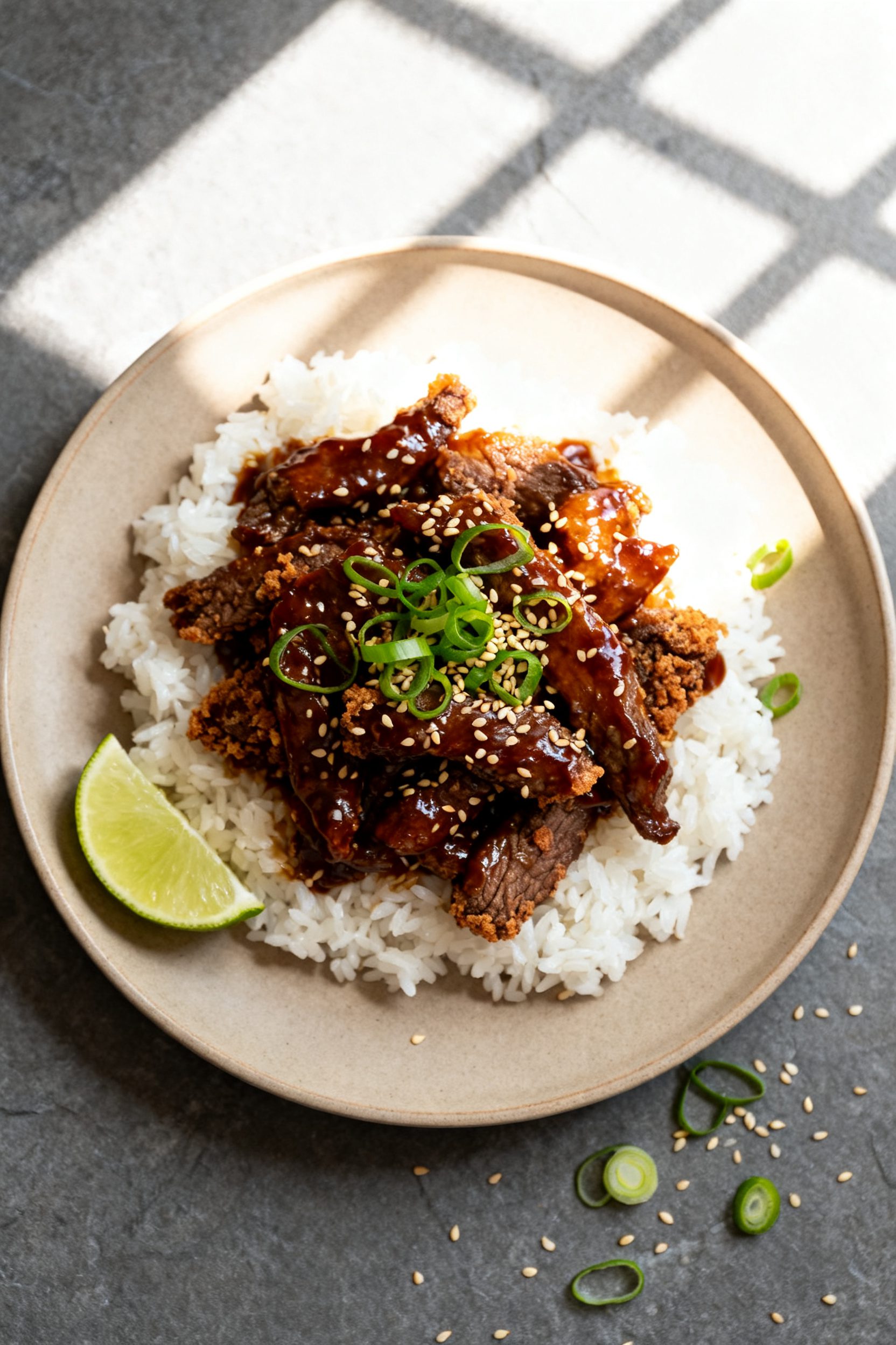 Final dish presentation: Restaurant-quality plated Air Fryer Crispy Beef tossed lightly in a glossy 