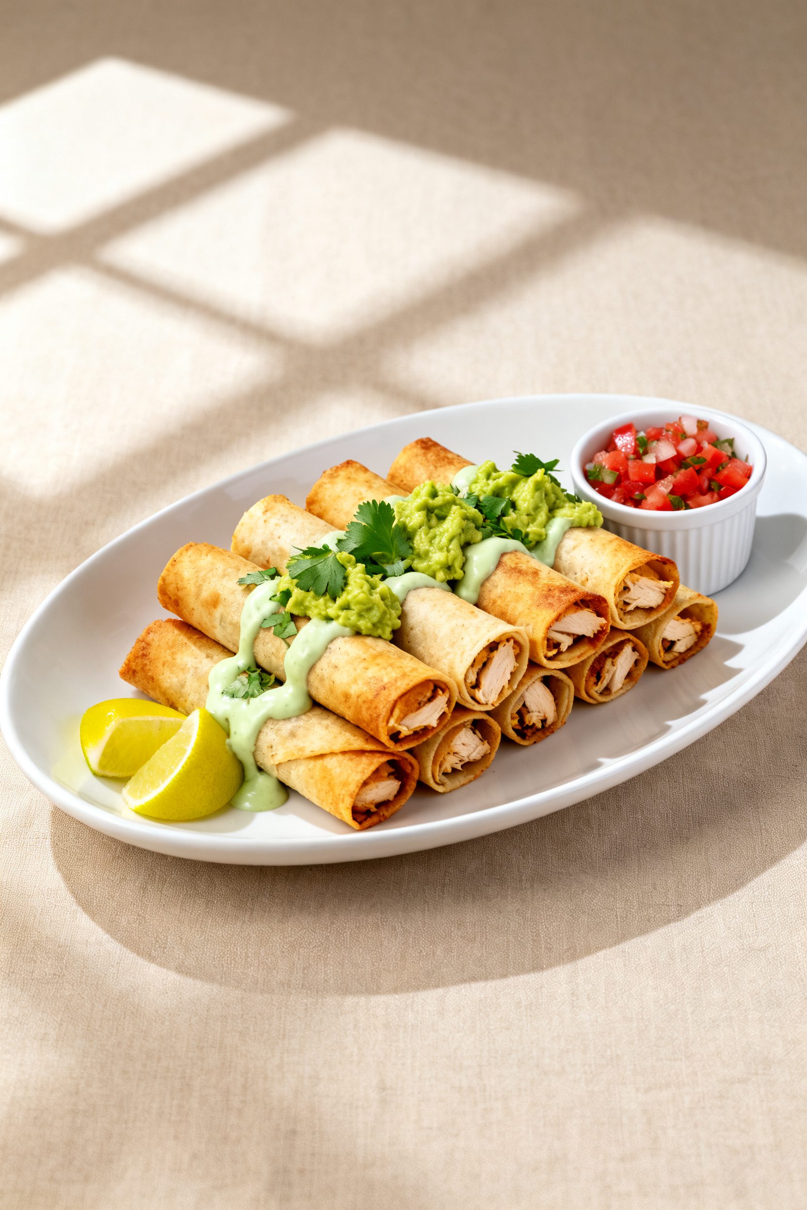 Final dish presentation: Restaurant-quality plated chicken flautas on a matte white oval plate, 5–