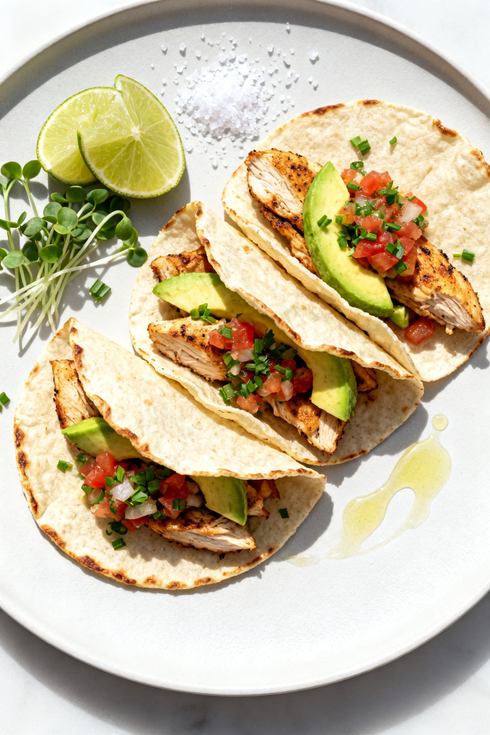 Final dish presentation: Restaurant-quality plated low carb tortilla tacos on a matte white plate—
