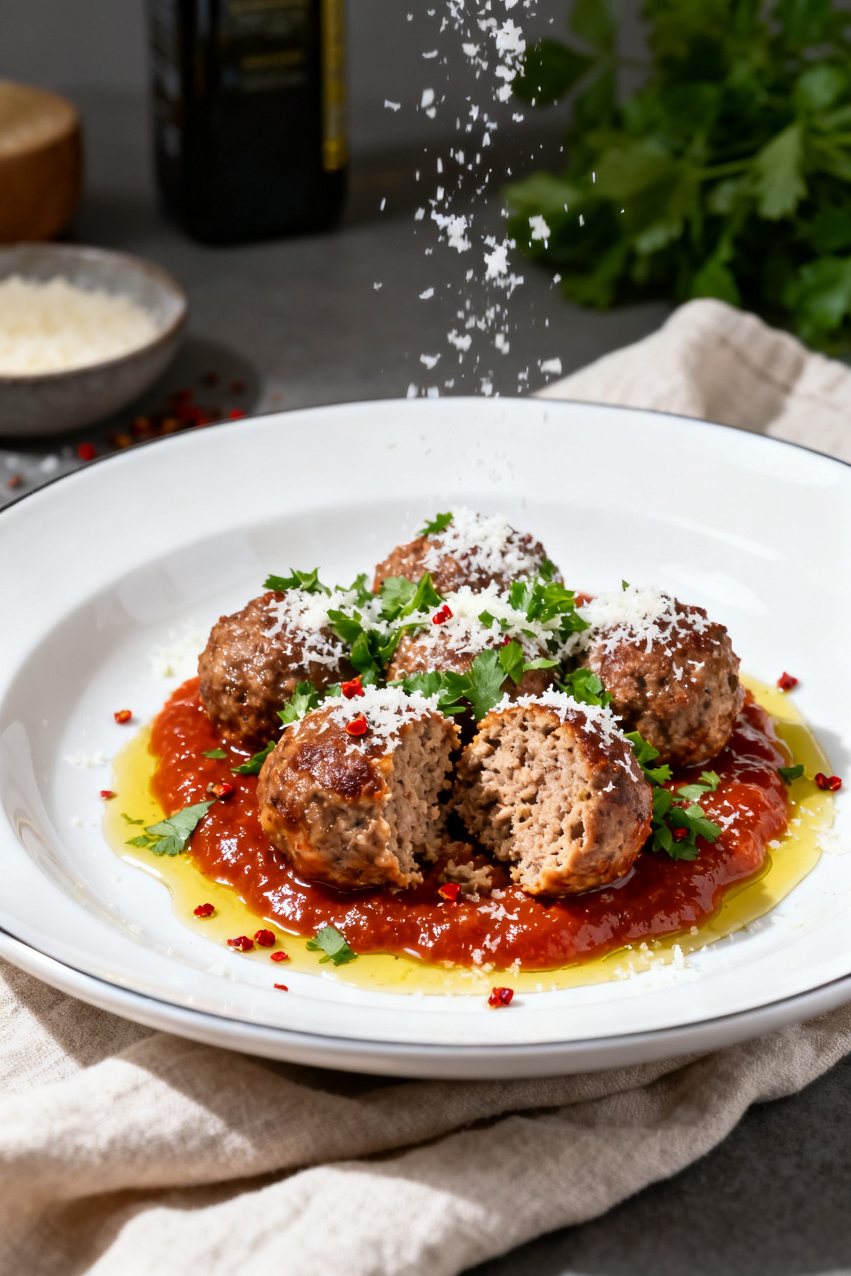 Final dish presentation: Restaurant-quality plating of juicy keto meatballs (beef/pork 80/20) nestle