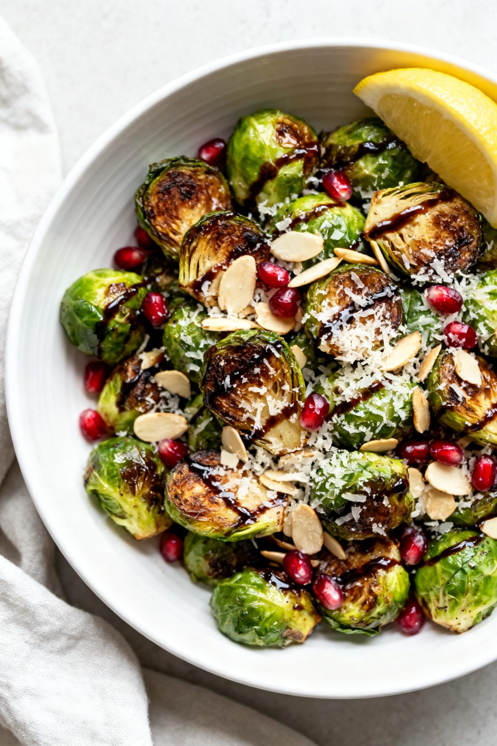 Final dish presentation: Restaurant-quality plating of Air Fryer Balsamic Brussels Sprouts in a low,