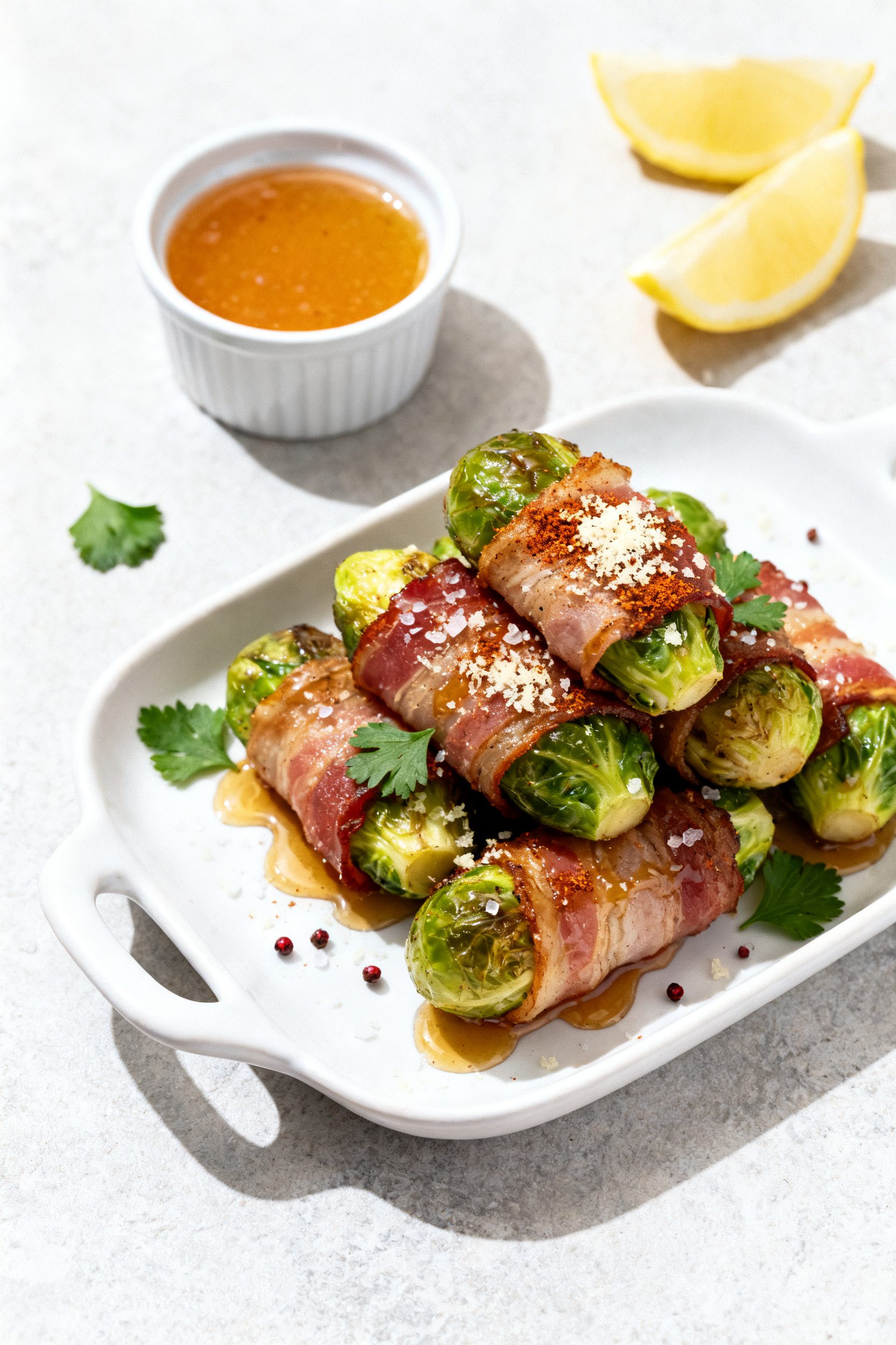 Final dish presentation: Restaurant-quality plating of bacon-wrapped Brussels sprouts stacked on a w