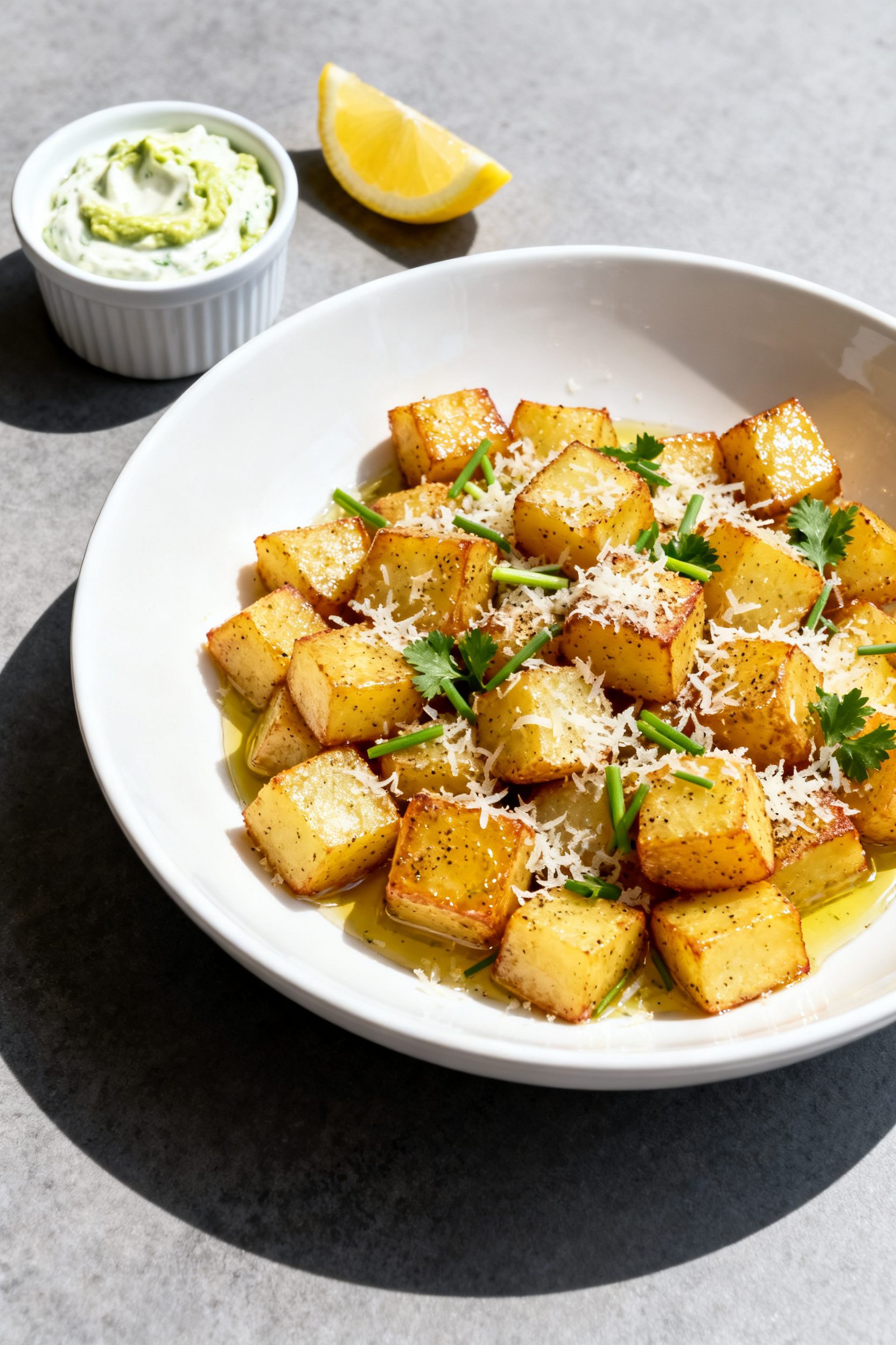 Final dish presentation: Restaurant-quality plating of Garlic-Parmesan air fryer potatoes in a wide,