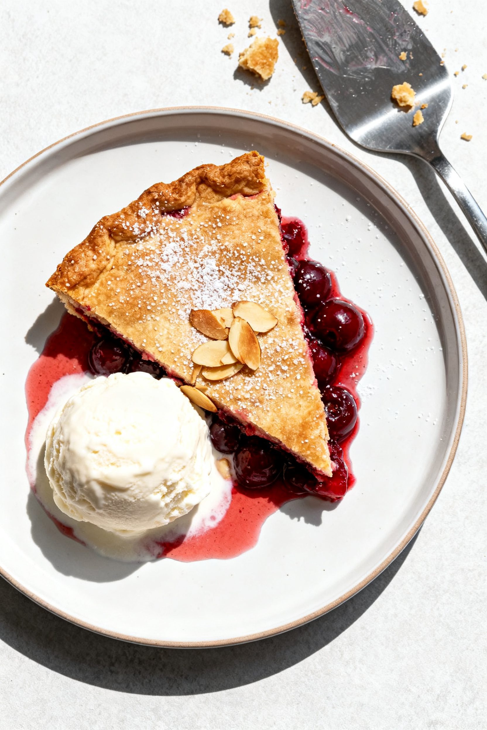 Final dish presentation: Restaurant-quality plating of a warm slice of air fryer cherry pie with a s