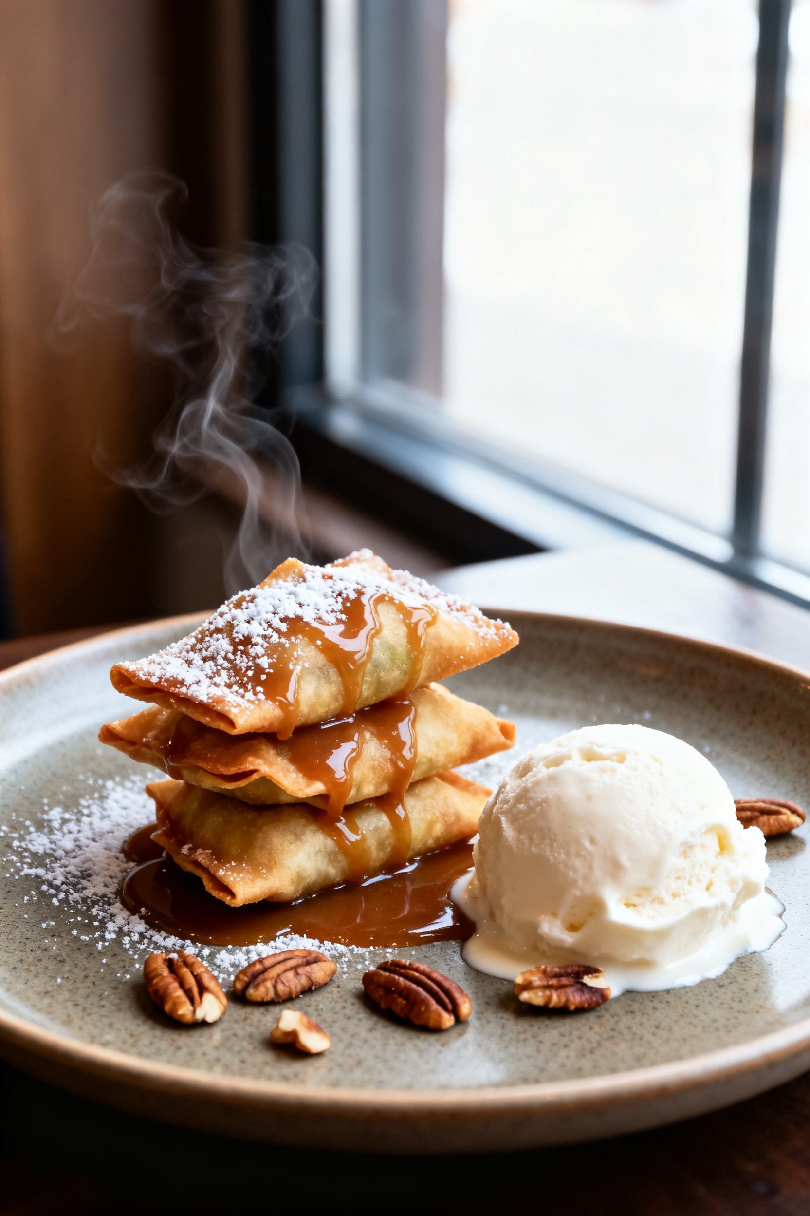 Final dish presentation: Restaurant-quality plating of a small stack of caramel apple wontons on a m