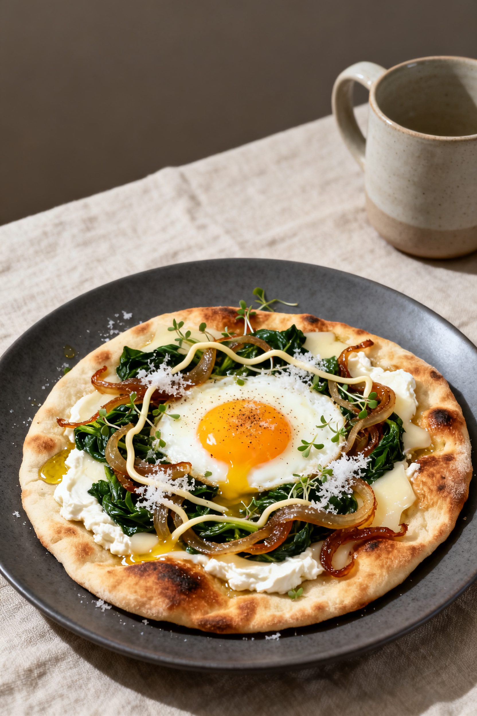 Final dish presentation: Restaurant-quality plating of a Florentine-style breakfast pizza on a matte