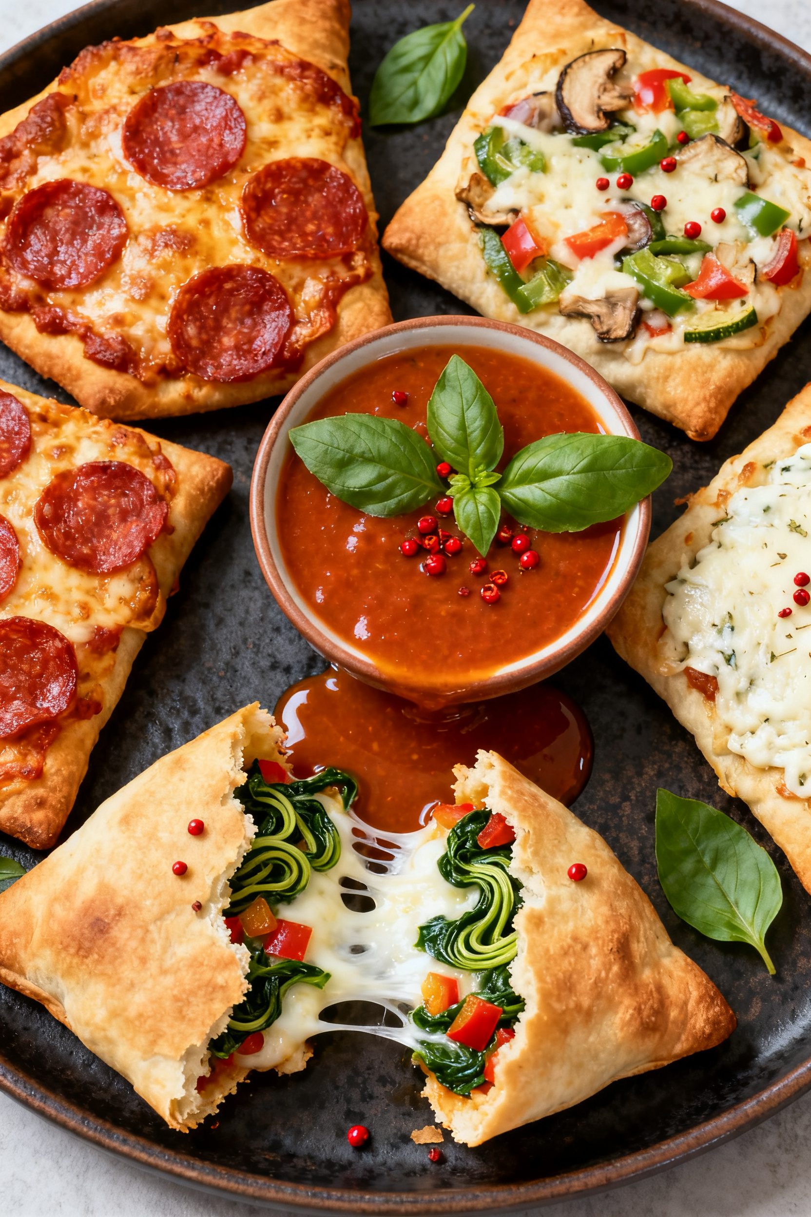 Final dish presentation: Restaurant-quality plating of assorted air fryer pizza pockets—Classic Pe