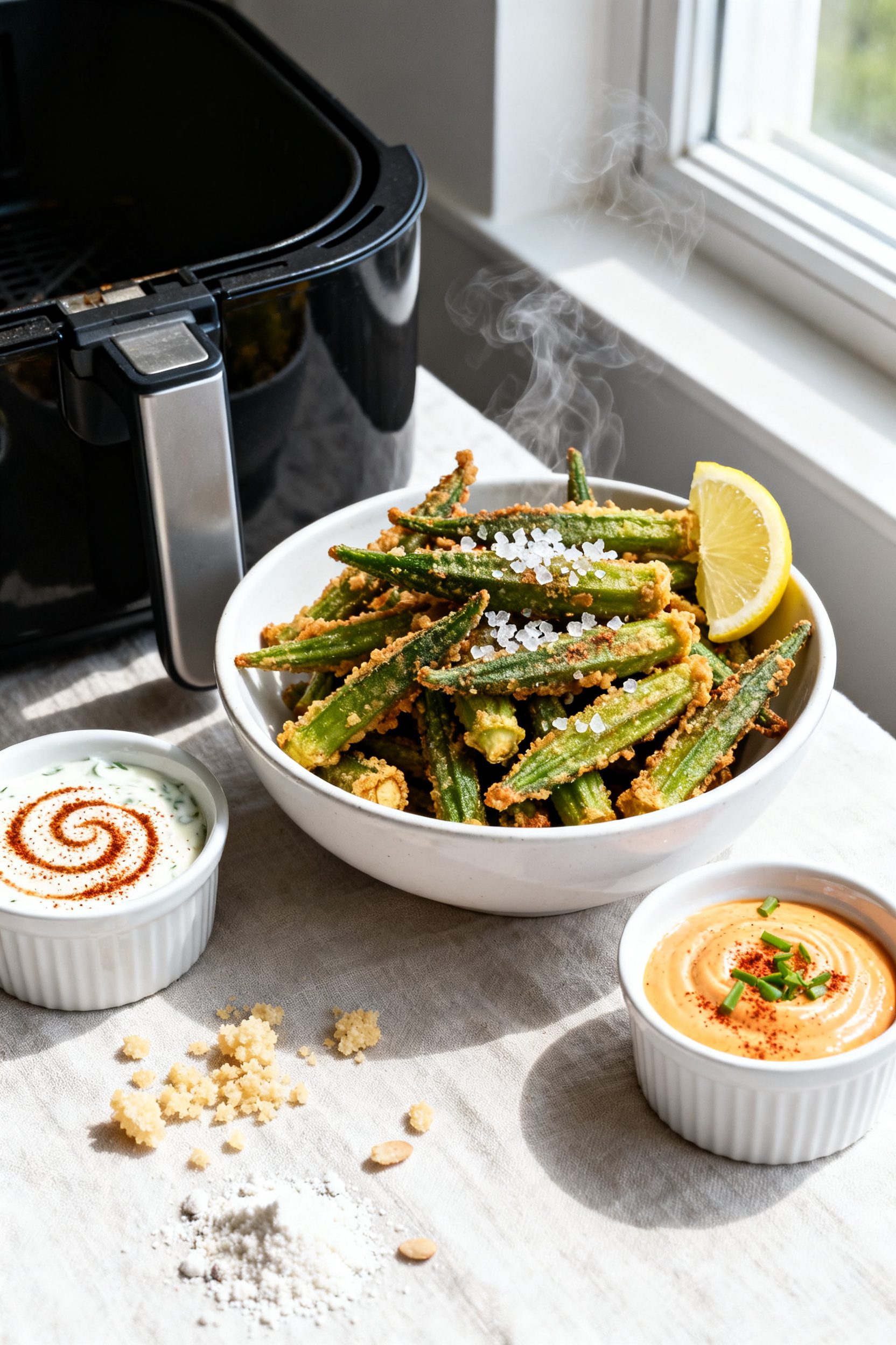 Final dish presentation: Restaurant-quality plating of Air Fryer Keto Fried Okra piled in a shallow 