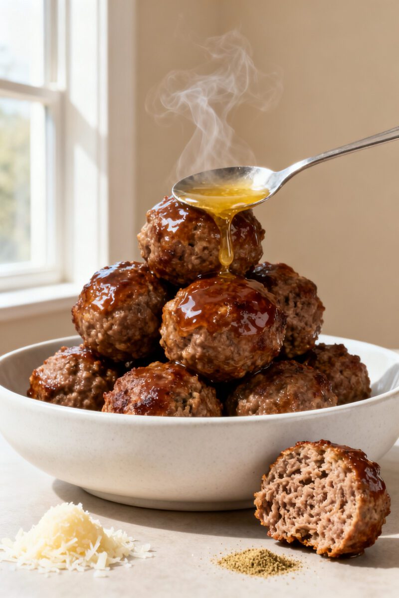 Final dish presentation: Restaurant-quality plating of juicy air fryer carnivore meatballs stacked i