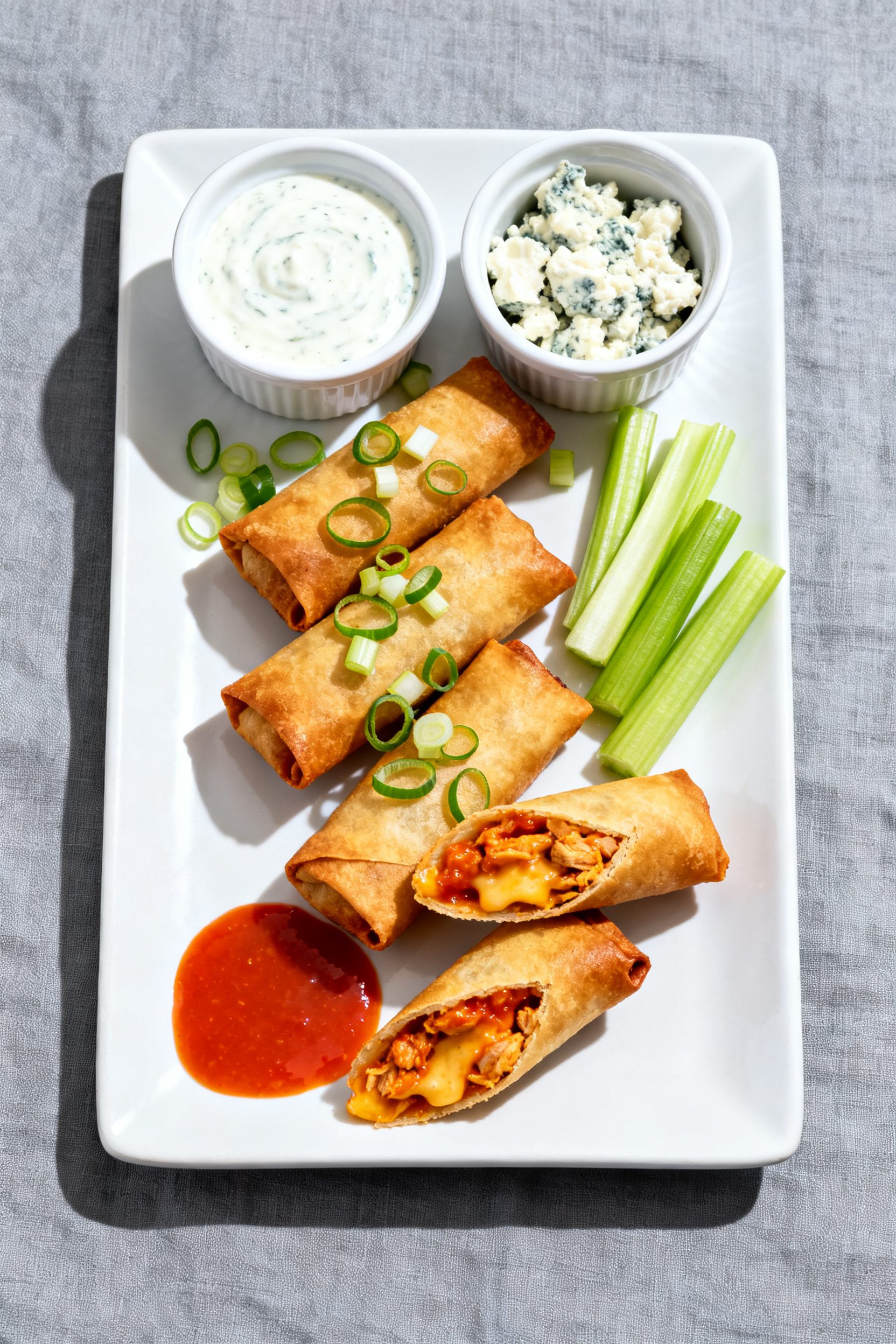 Final dish presentation: Restaurant-quality platter of Buffalo chicken egg rolls arranged diagonally