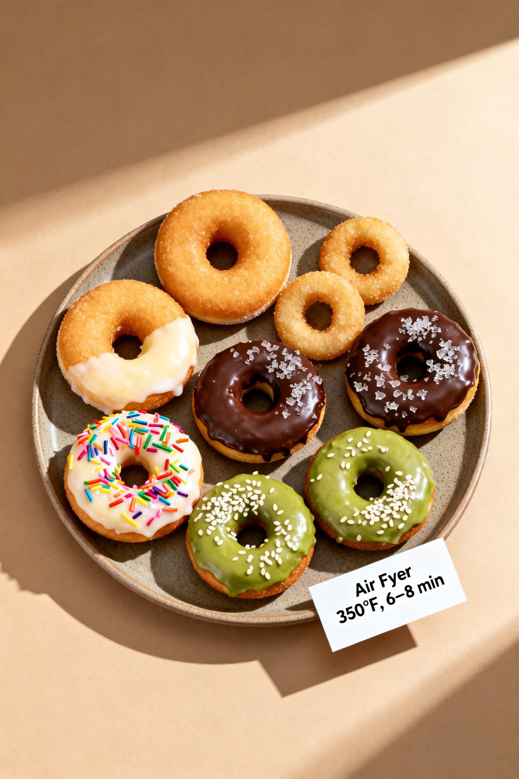 Final dish presentation: Restaurant-quality platter of assorted mochi donuts—classic “pon de rin