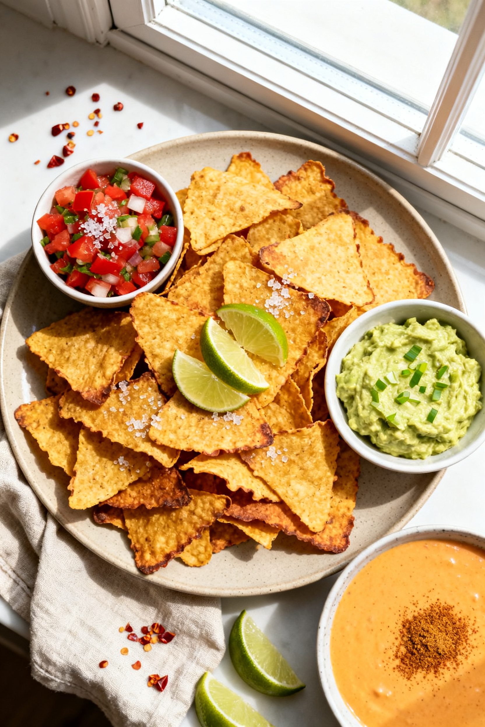 Final dish presentation: Restaurant-quality platter of low carb tortilla chips piled high, deeply go
