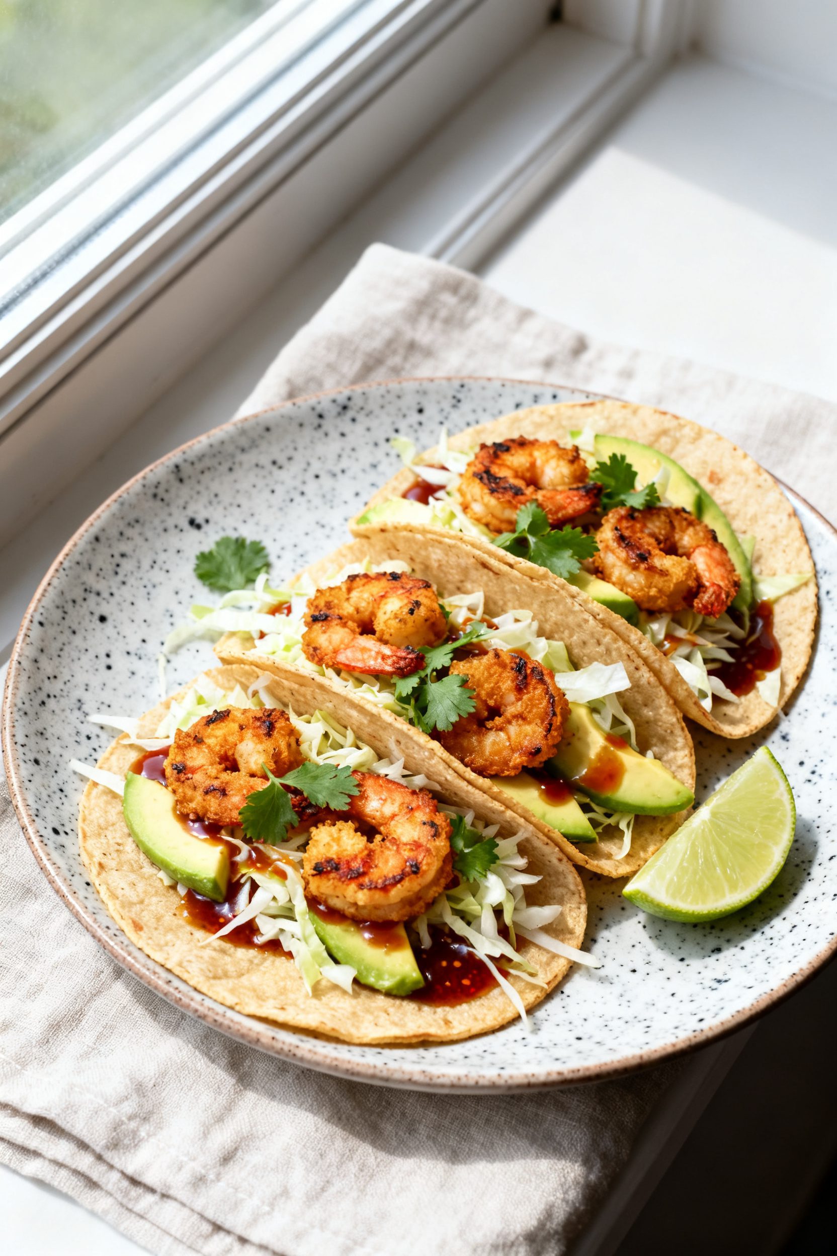 Final dish presentation: Restaurant-quality shrimp taco plate—char-kissed air-fried shrimp tucked 