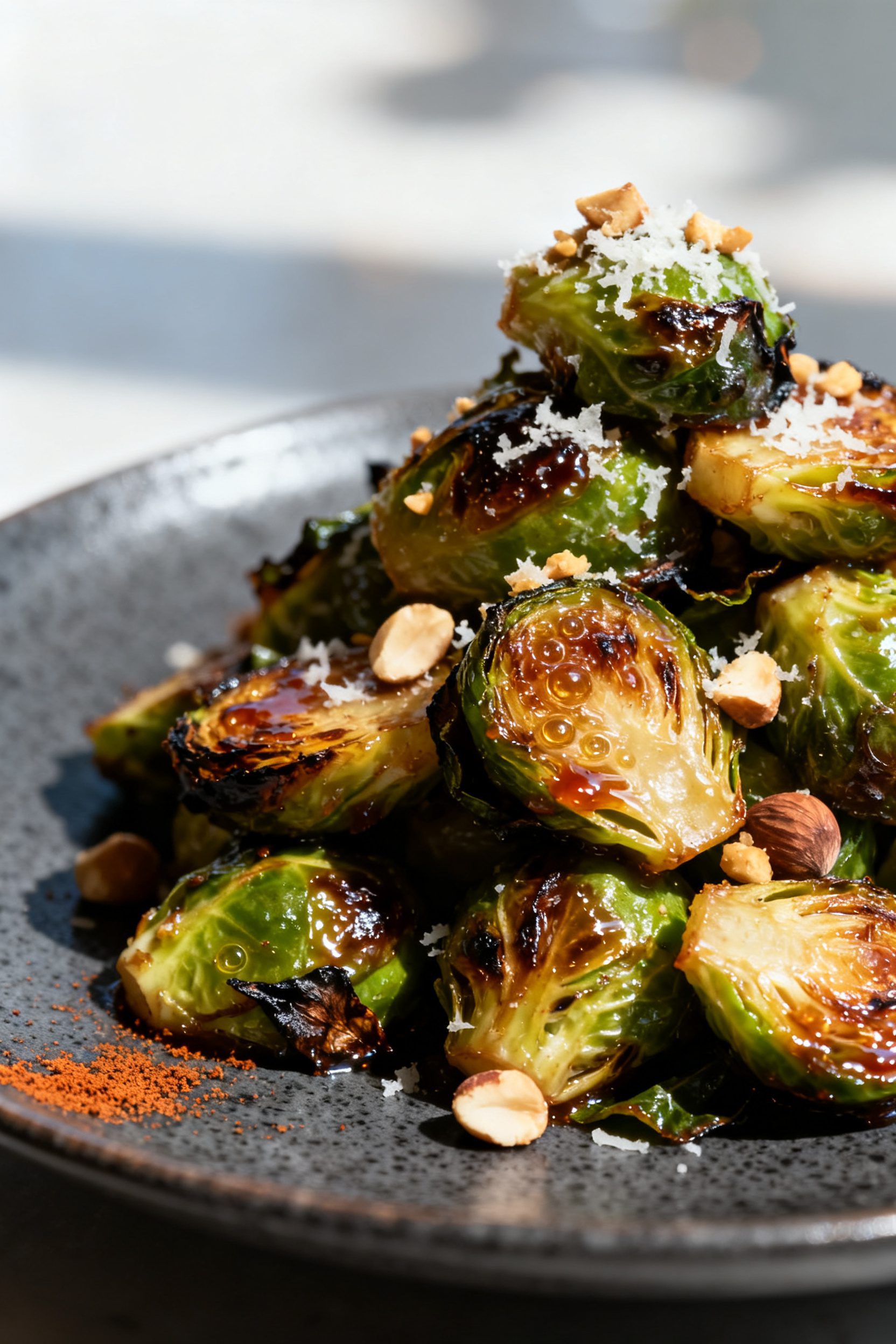 Final dish presentation: Restaurant-style plating of glazed Brussels sprouts piled high on a charcoa