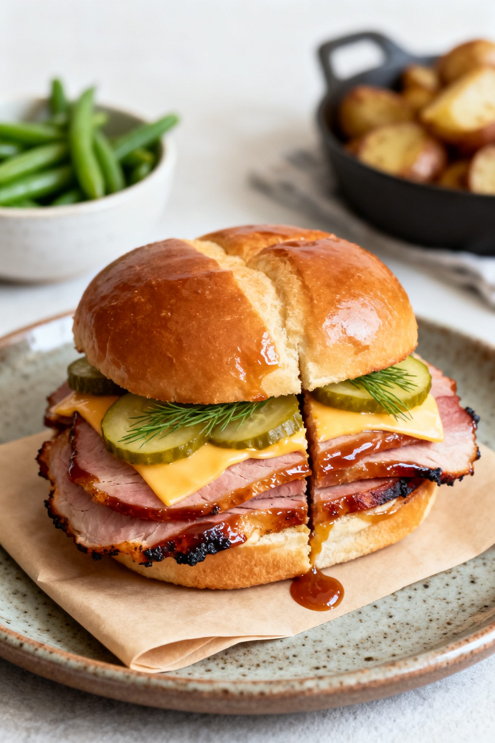 Final dish presentation: Sandwich-ready scene—glossy glazed ham slices layered on a toasted brioch