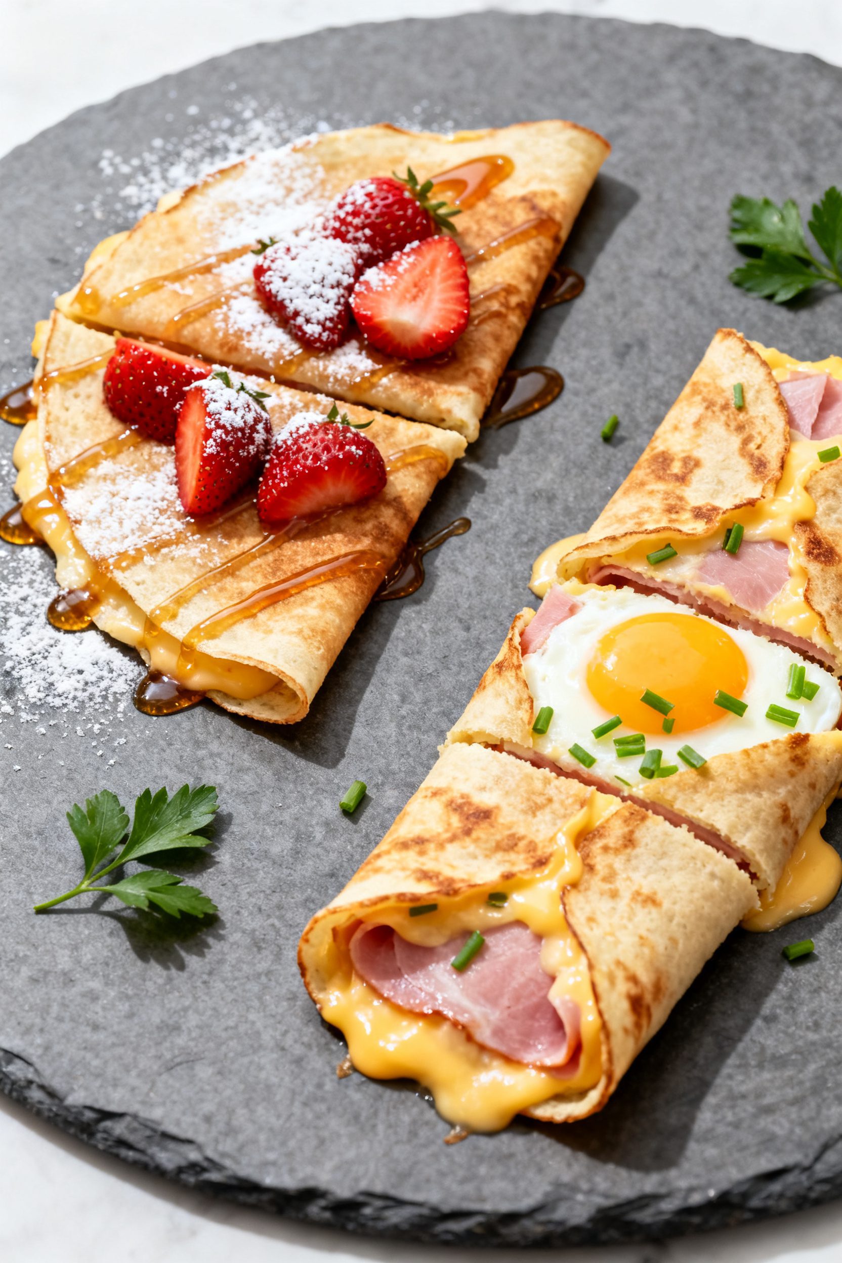 Final dish presentation (sweet and savory duo): Beautifully plated crepes two ways on a matte slate-