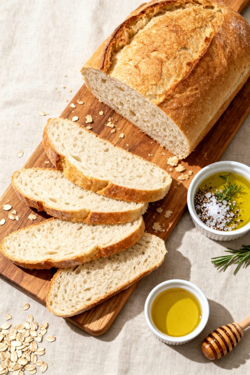 Final dish presentation: Tasty of sliced air fryer bread on a wooden board, revealing a soft, tender
