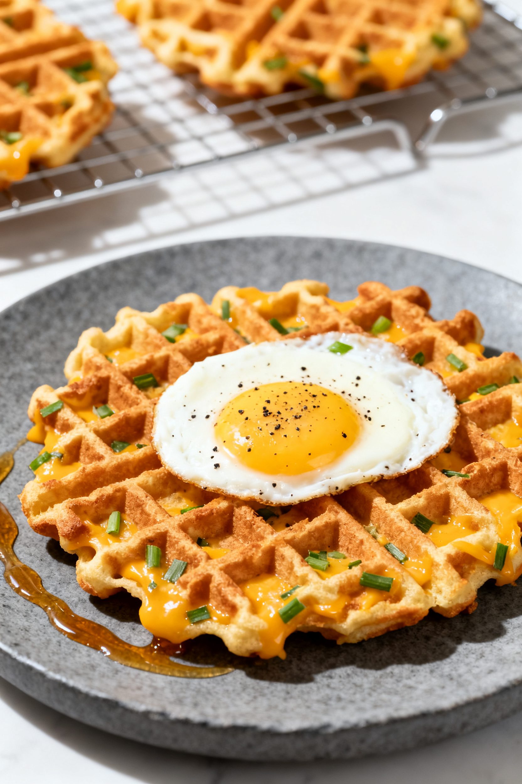 Final dish presentation (variation): Savory Cheddar Chive air fryer waffle plated solo on a slate-gr
