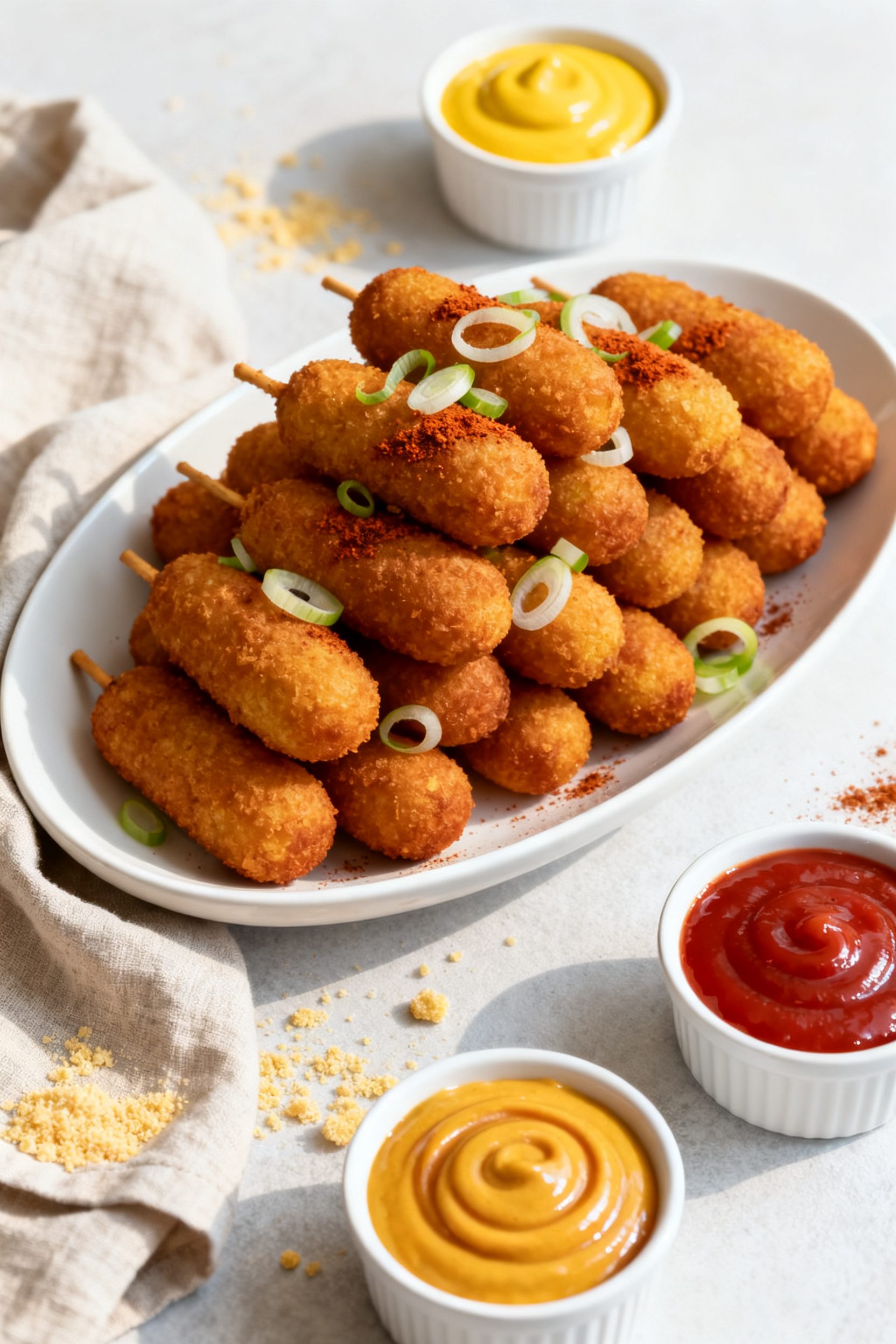 Final dish, restaurant-quality presentation: A heaping pile of air-fried mini corn dogs stacked on a